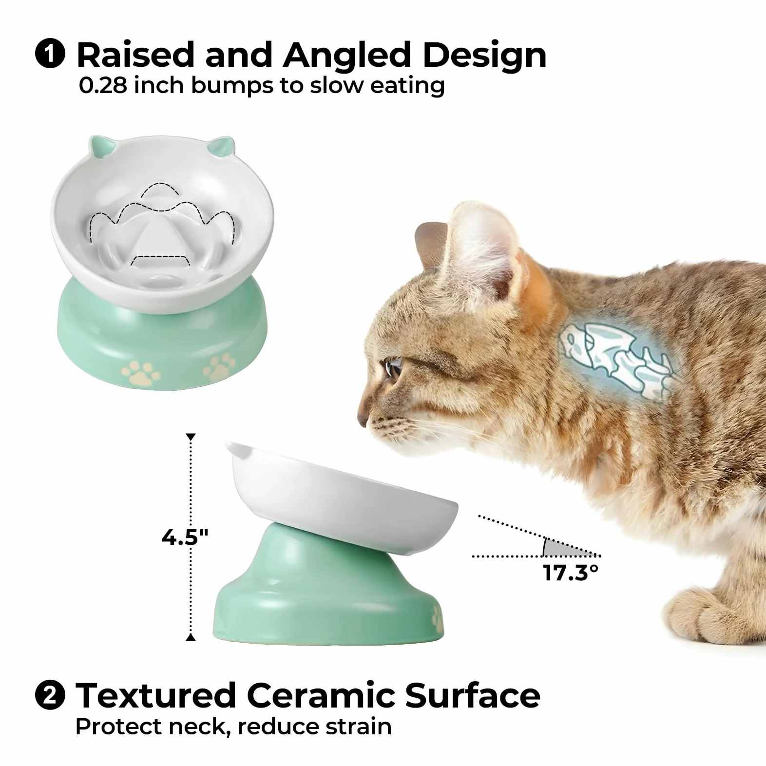 Y YHY Ciotola per gatti con alimentazione lenta, in ceramica, design inclinato, per cani e gatti, per cibo secco e umido, verde