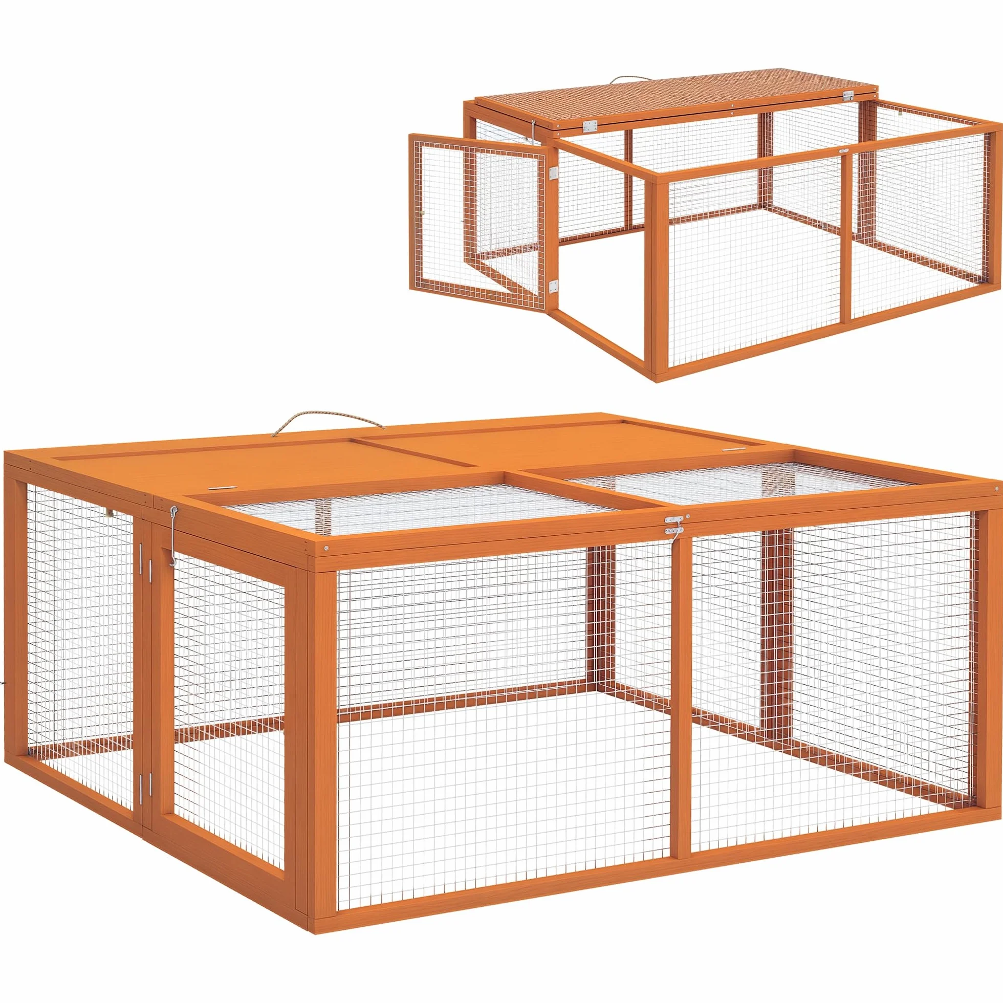 PawHut Conigliera Pieghevole per 2-3 Roditori con Ingressi Multipli, Gabbia per Conigli in Legno e Acciaio, 110x105x50 cm, Arancione