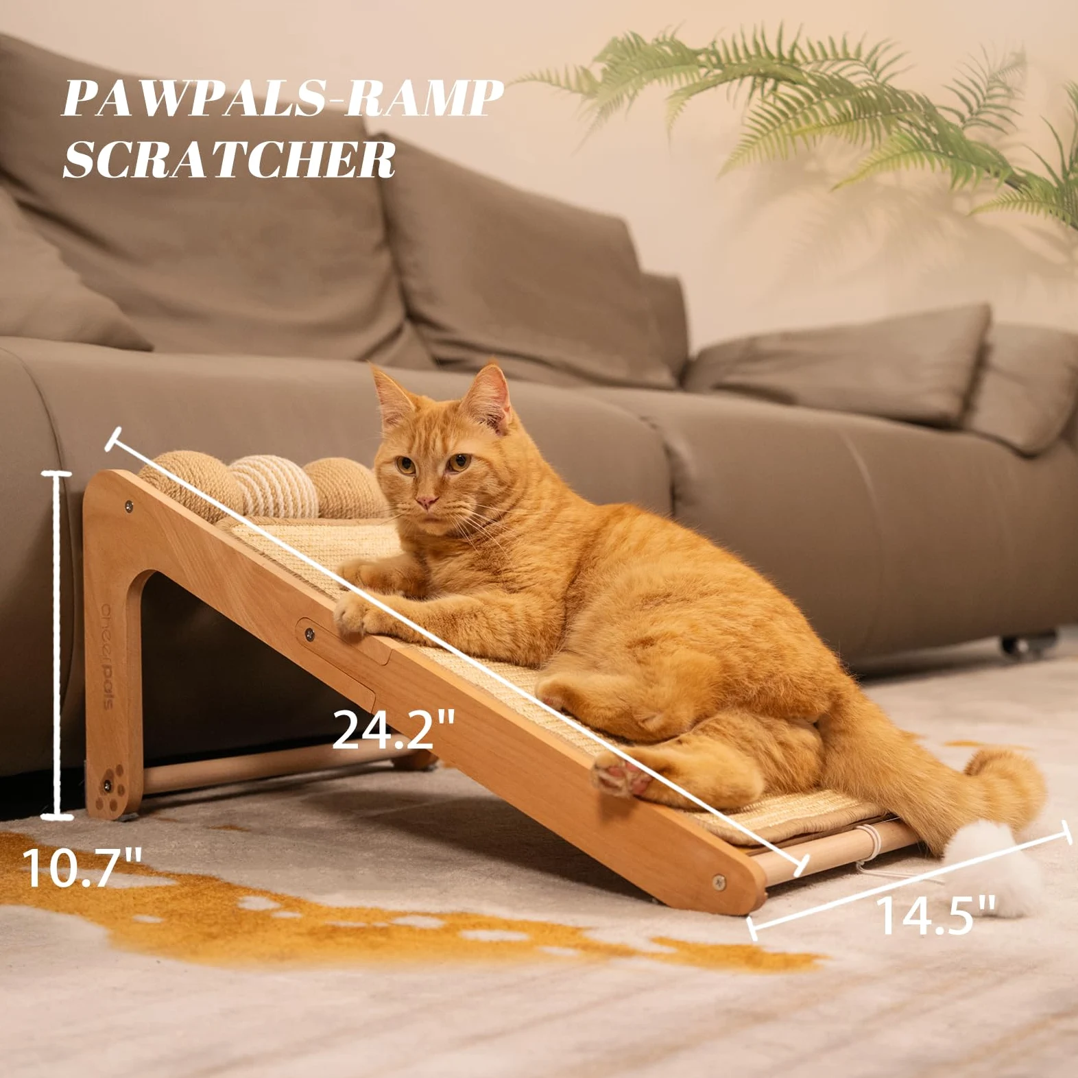 Cheerpals Tiragraffi gatto grande – Mobili tiragraffi a forma di L in legno e sisal con palla da gioco, nessun taglio di cartone, stabile protezione per mobili per divano e parete, 61,5 x 37 x 31 cm