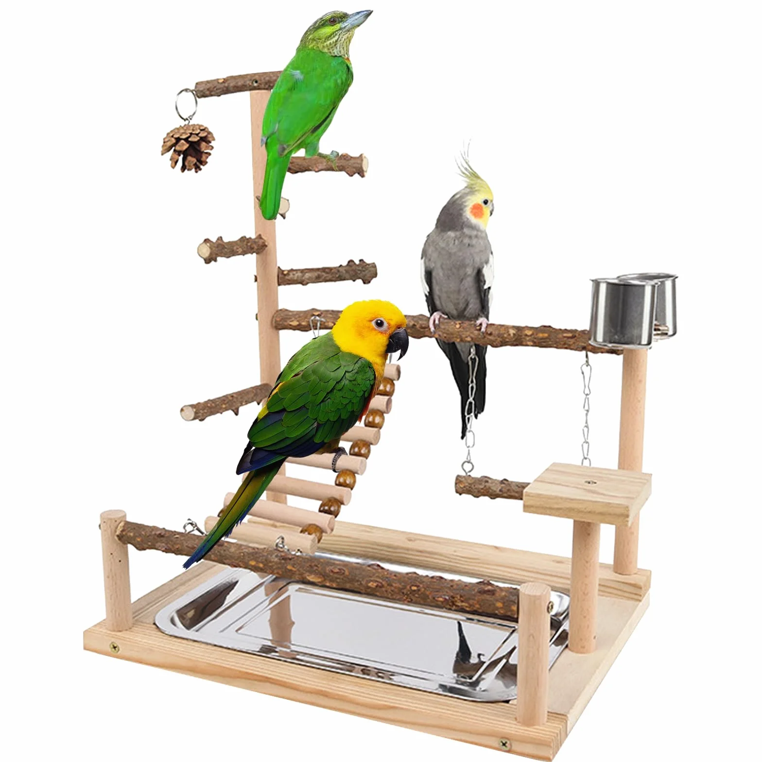 Parco Giochi per Pappagalli in Legno con Tazze e Vassoio, Trespolo per Uccelli, 37 x 26 x 37 cm