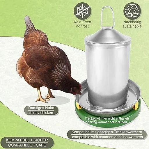 Suinga Abbeveratoio per polli 2L, in acciaio inox, antiruggine, senza BPA, senza bordi pericolosi, erogatore d'acqua per polli, 24x19 cm