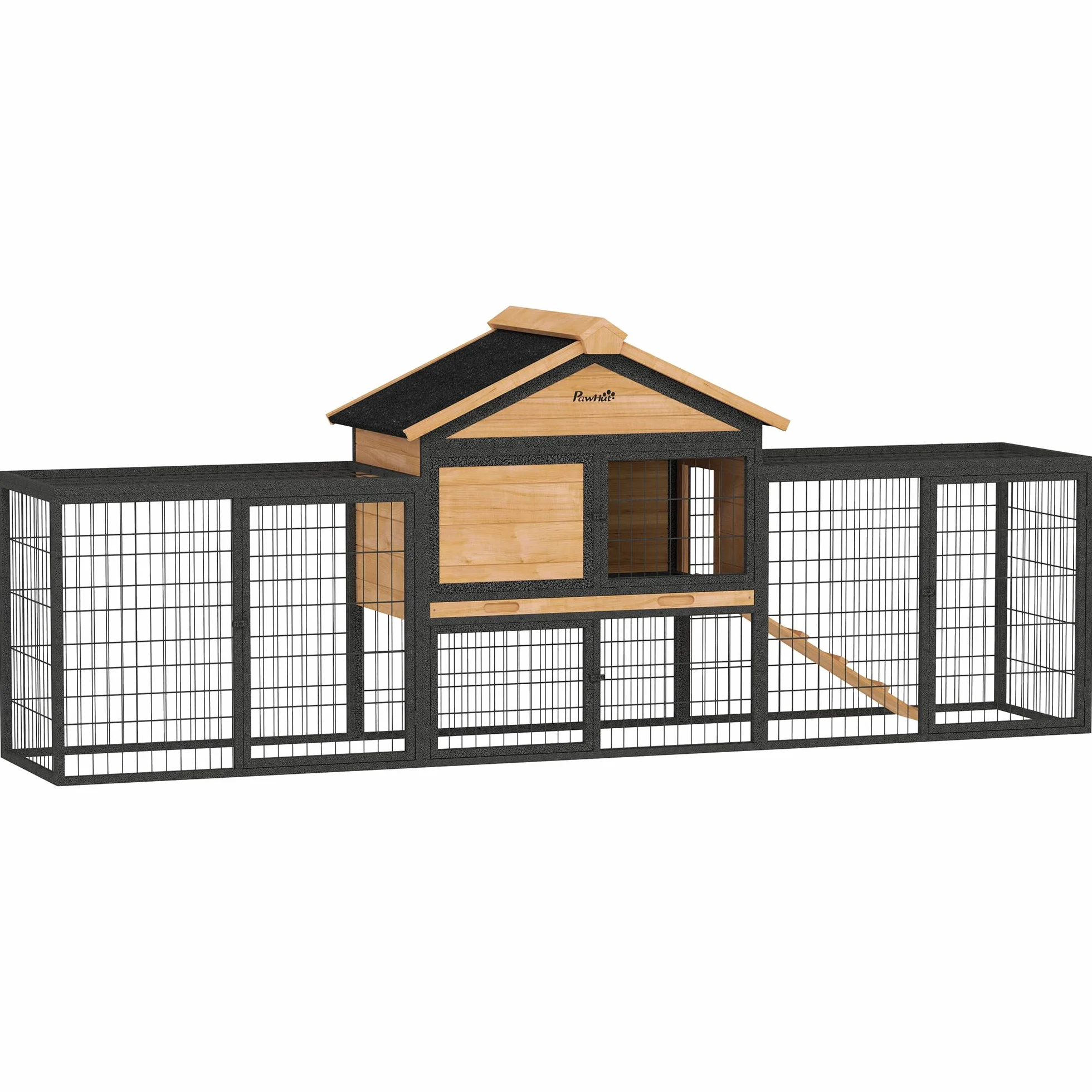 PawHut conigliera a 2 livelli con tetto a capanna in legno massiccio conigliera invernale a doppio piano con recinto per animali liberi 217x53x86 cm gabbia per conigli all'aperto conigliera per