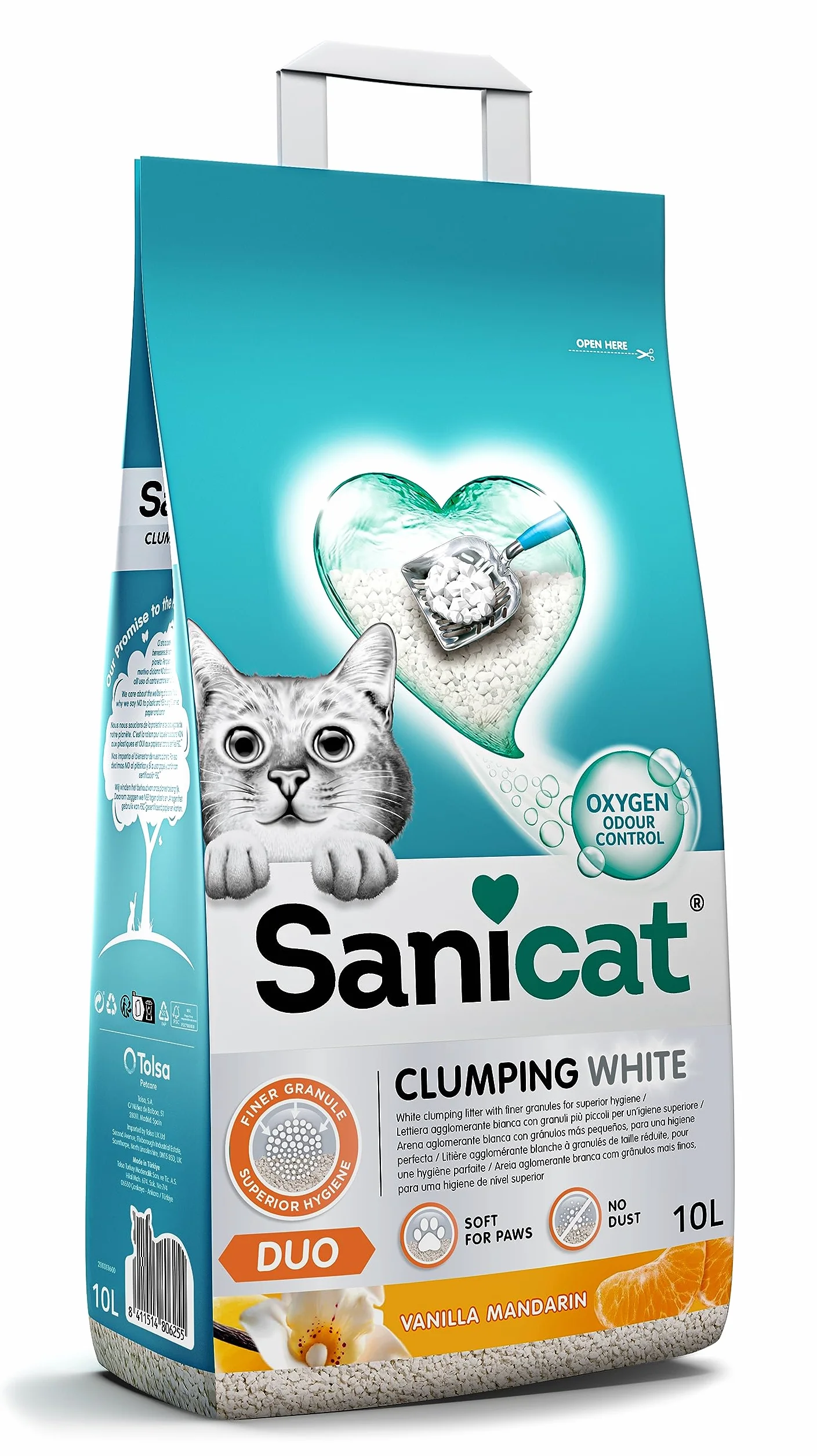 Sanicat - Lettiera per gatti agglomerante a grumi | Formbianca all’aroma di vaniglia e mandarino | A base di minerali naturali | Assorbe l'umidità e formato da 10 L