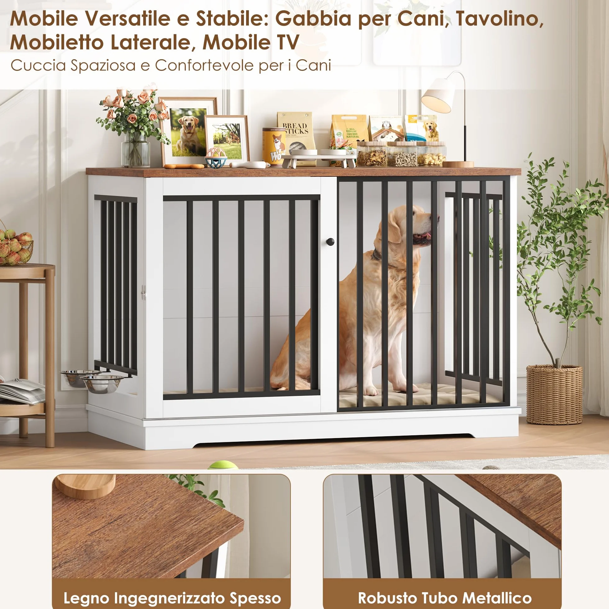 FirFurd 120 cm Gabbia per Cani, Kennel Cane Grande con Porta Scorrevole, con 2 Ciotole che Ruotano di 360°, Cane Kennel in Metallo e Legno, 120x60x90cm (Bianco+Marrone)