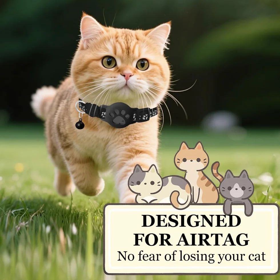 Localizzatore per Gatti, Tracker Collare per gatti, Design impermeabile e regolabile con strisce riflettenti, compatibile con dispositivi Apple e Android (nero)