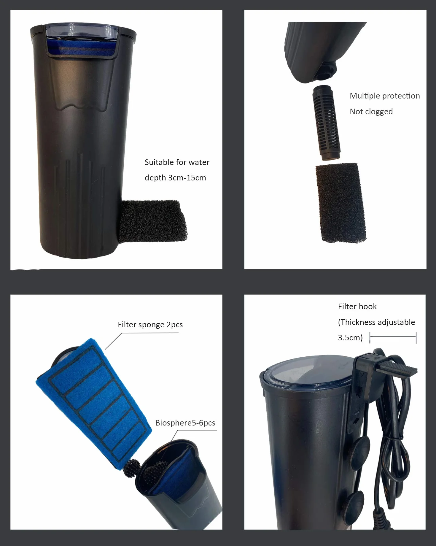 Filtro per tartarughe per acquario, filtro a basso livello, a cascata, filtro sommergibile per acquari (600 l/h) (nero)