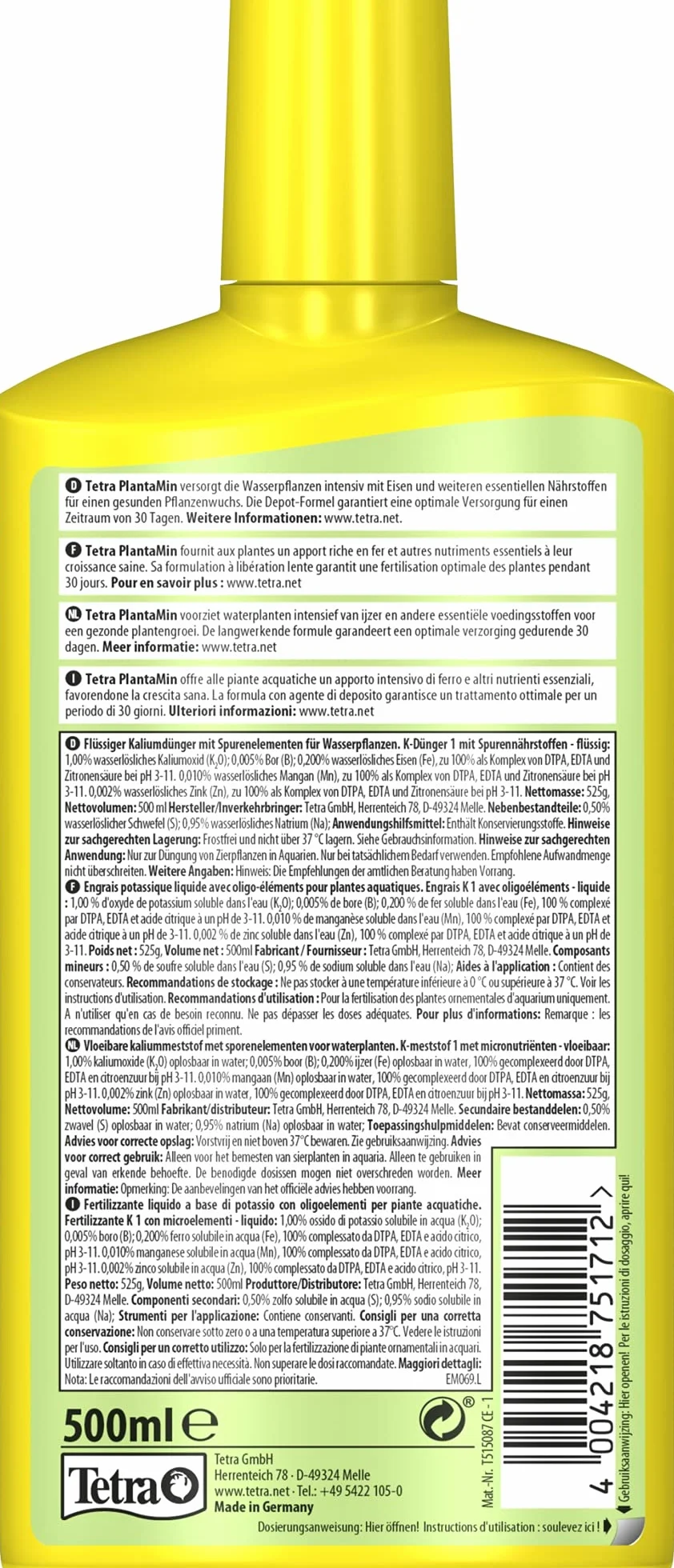 Tetra PlantaMin 500 ml, Sostanze Nutritive Fondamentali, per una Colorazione Verde e Rossa Intensa delle Foglie