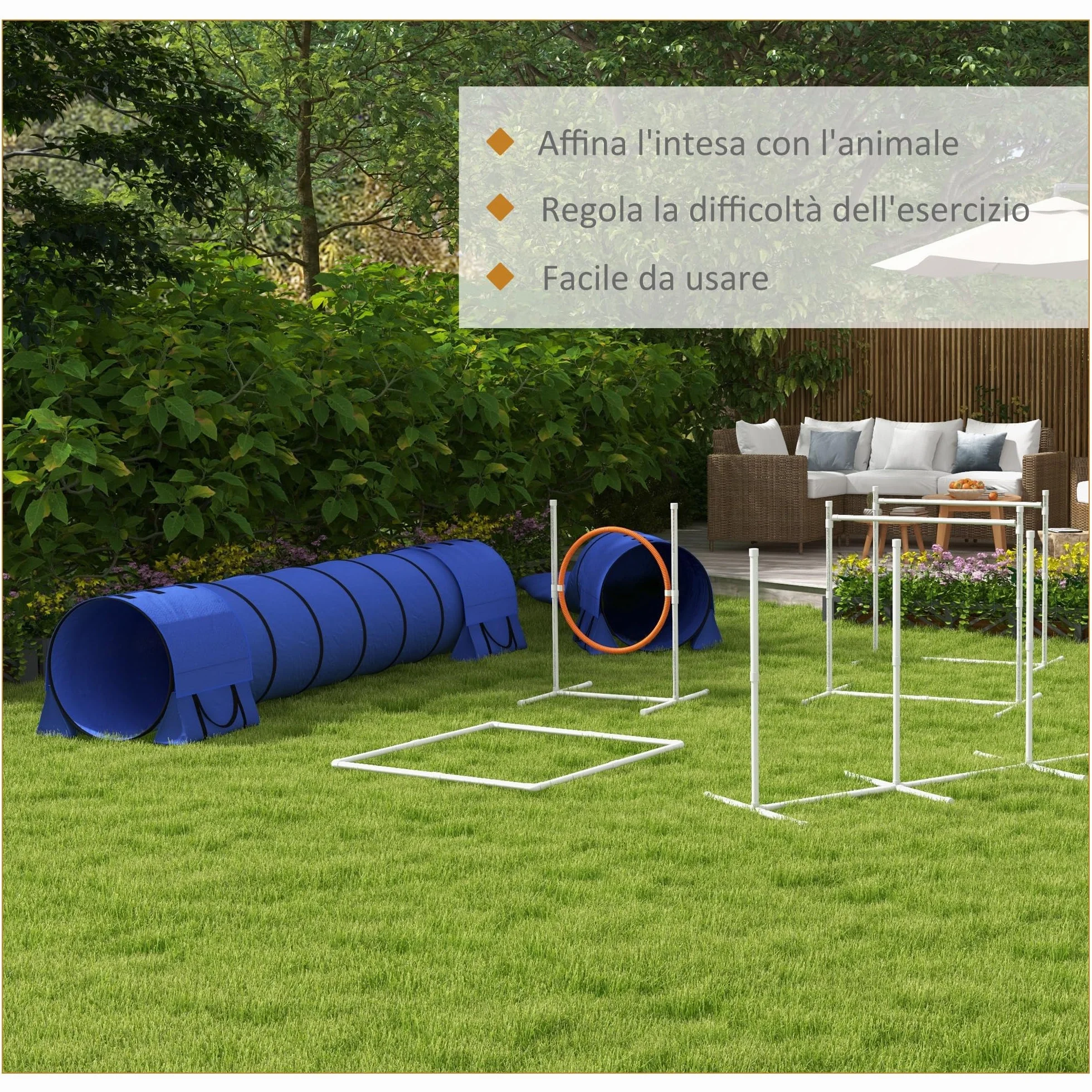 PawHut Set Agilty Dog 7 Pezzi con Fischietto, 2 Picchetti e 3 Sacchi di Sabbia, Percorso Agility Dog in Plastica e ABS con Borsa da Trasporto, 67x63x93 cm, Bianco Arancione Blu