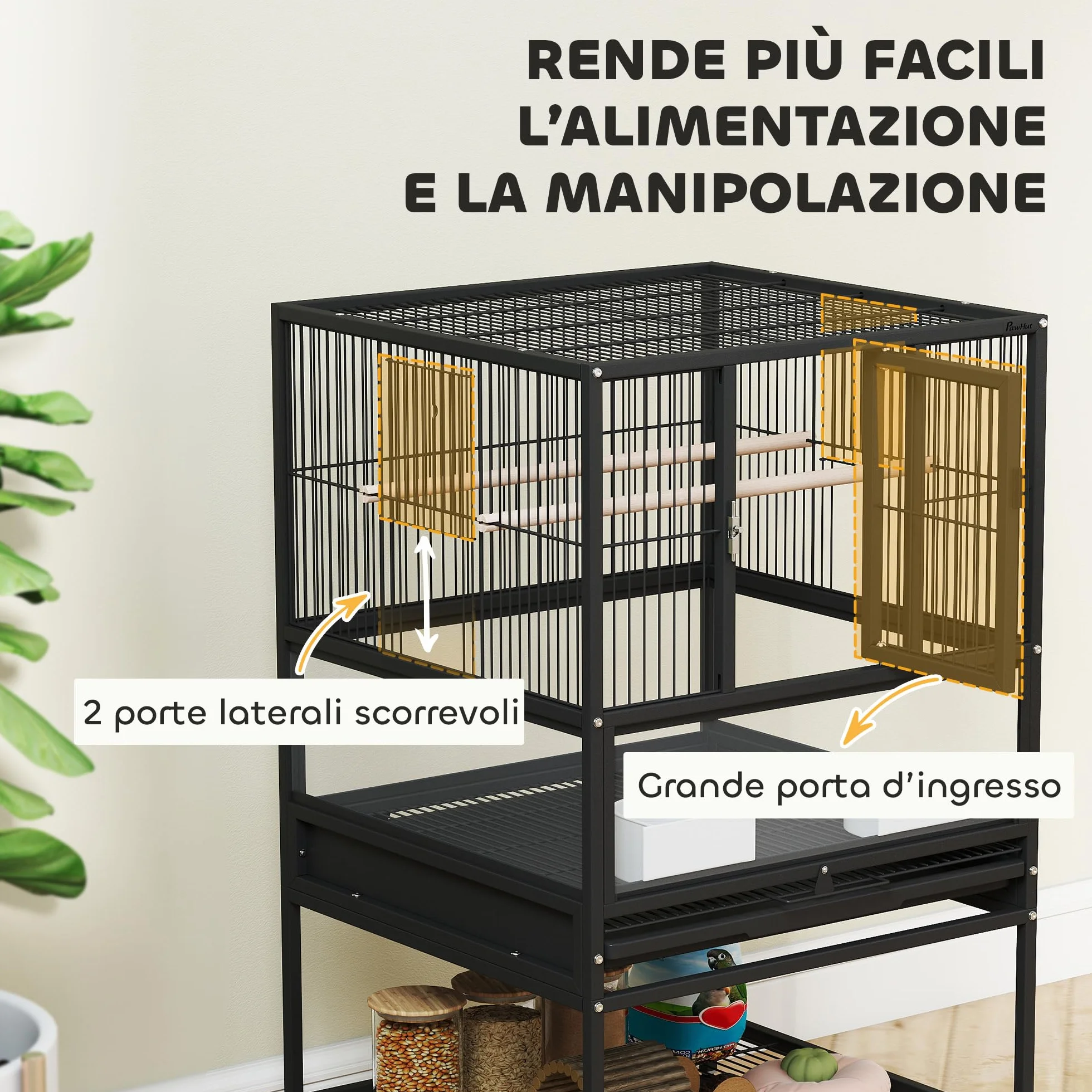 PawHut Gabbia per Uccelli a Rotelle con Ripiano Inferiore, Vassoio e Griglia Rimovibili, Gabbietta per Uccelli in Acciaio e PP, 48x46x83 cm, Nero