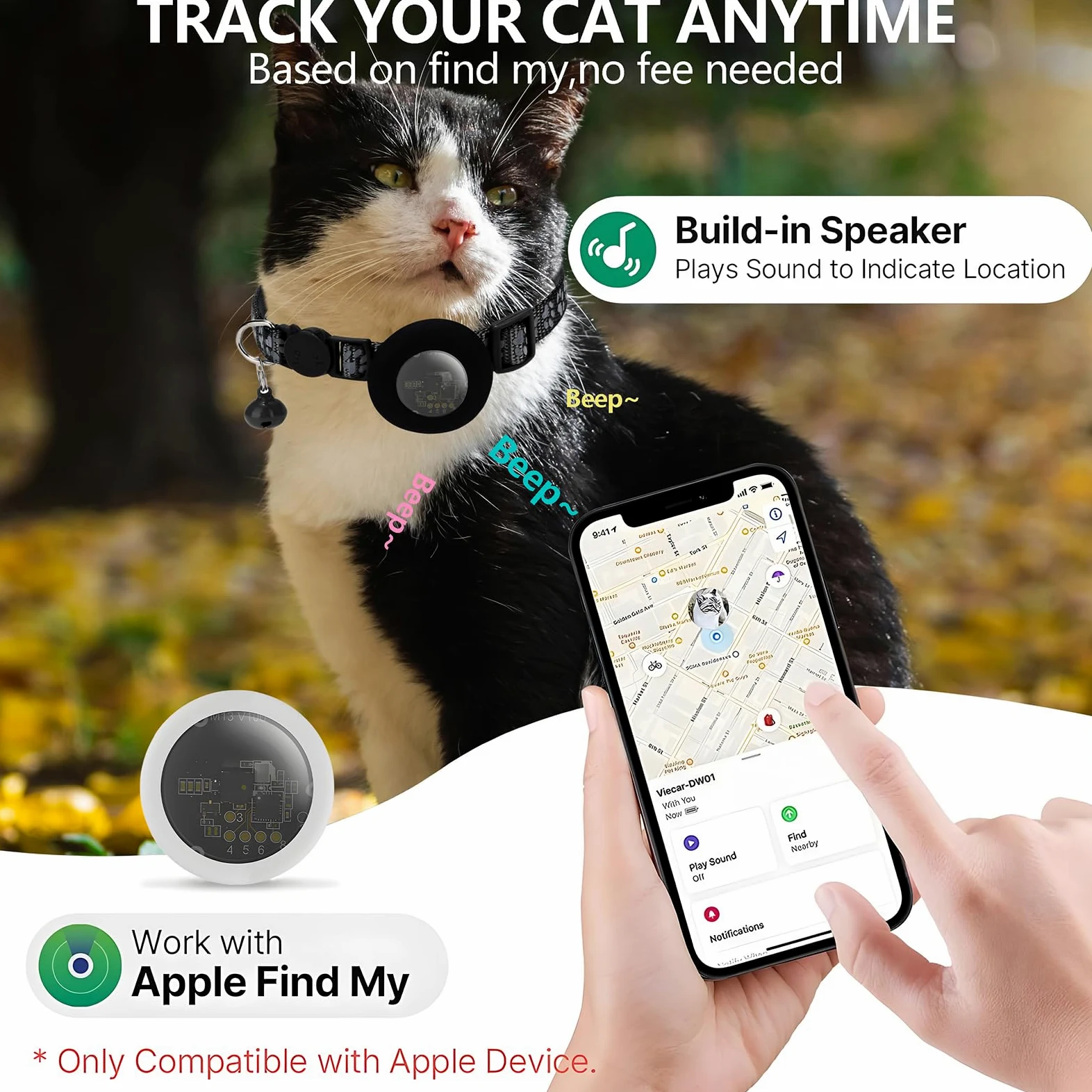 Localizzatore GPS per gatti, collare per gatti, funziona con App Find My (solo IOS), collare GPS riflettente, piccolo GPS senza ABO (M13)