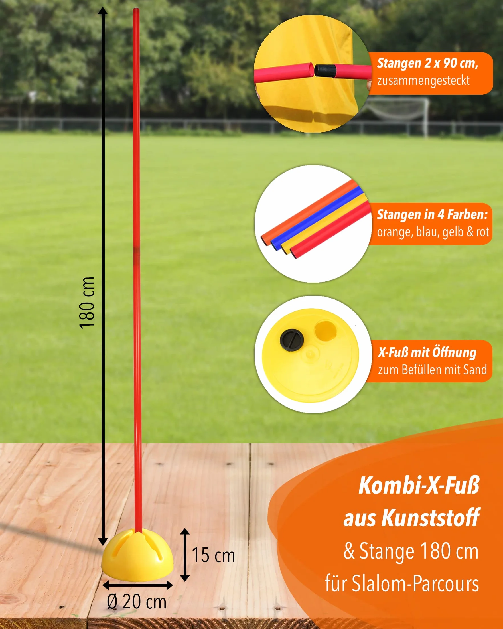 Supporto combinato X in plastica & asta slalom 180 cm – Set di 4 pezzi – Base riempibile – Asta per slalom & allenamento coordinazione – per calcio & sport cani – Slalom Set