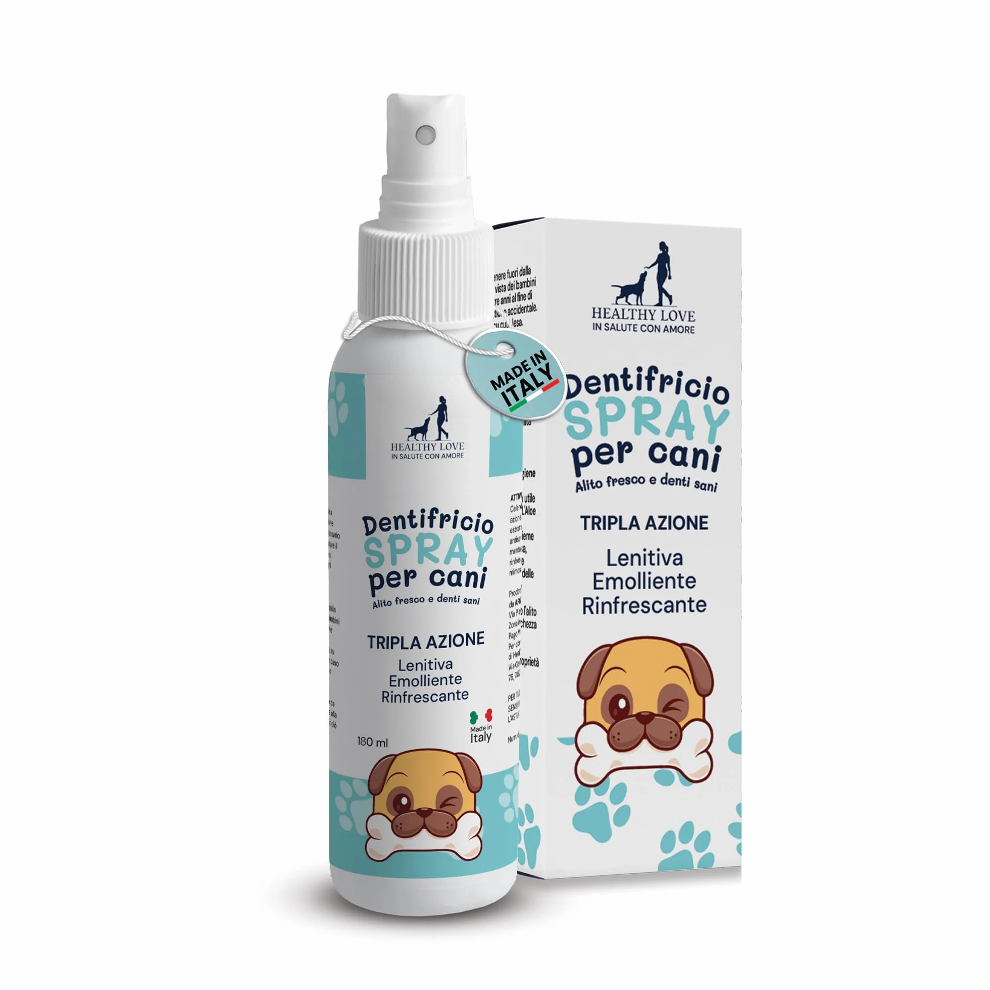 HEALTHY LOVE Dentifricio per Cani Spray 180ML - Pulizia Denti Cane Anti Tartaro e Placca con Aloe Bio e Calendula - Made in Italy