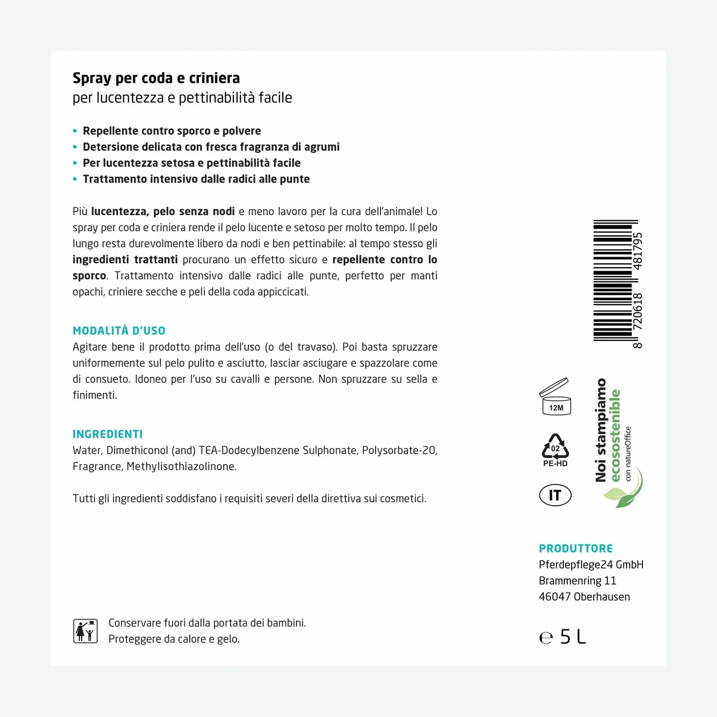PFERDEPFLEGE24 Lo Spray per Coda & Criniera del cavallo in 0,5l, 1l, 2,5l & 5l - Lucentezza splendente, pettinabilità facile & cura delicata - Accessori & trattamenti per il cavallo