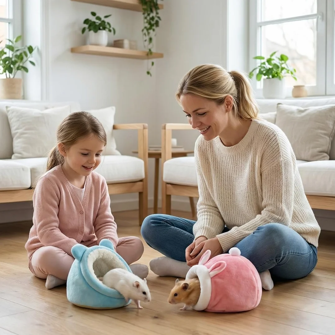Set di 2 Letti per Animali Domestici per Porcellini d'India, Cincillà, Ricci – Confortevoli, Stampati con Cartoni, per Dormire, Inverno, Interno (Rosa e Blu)
