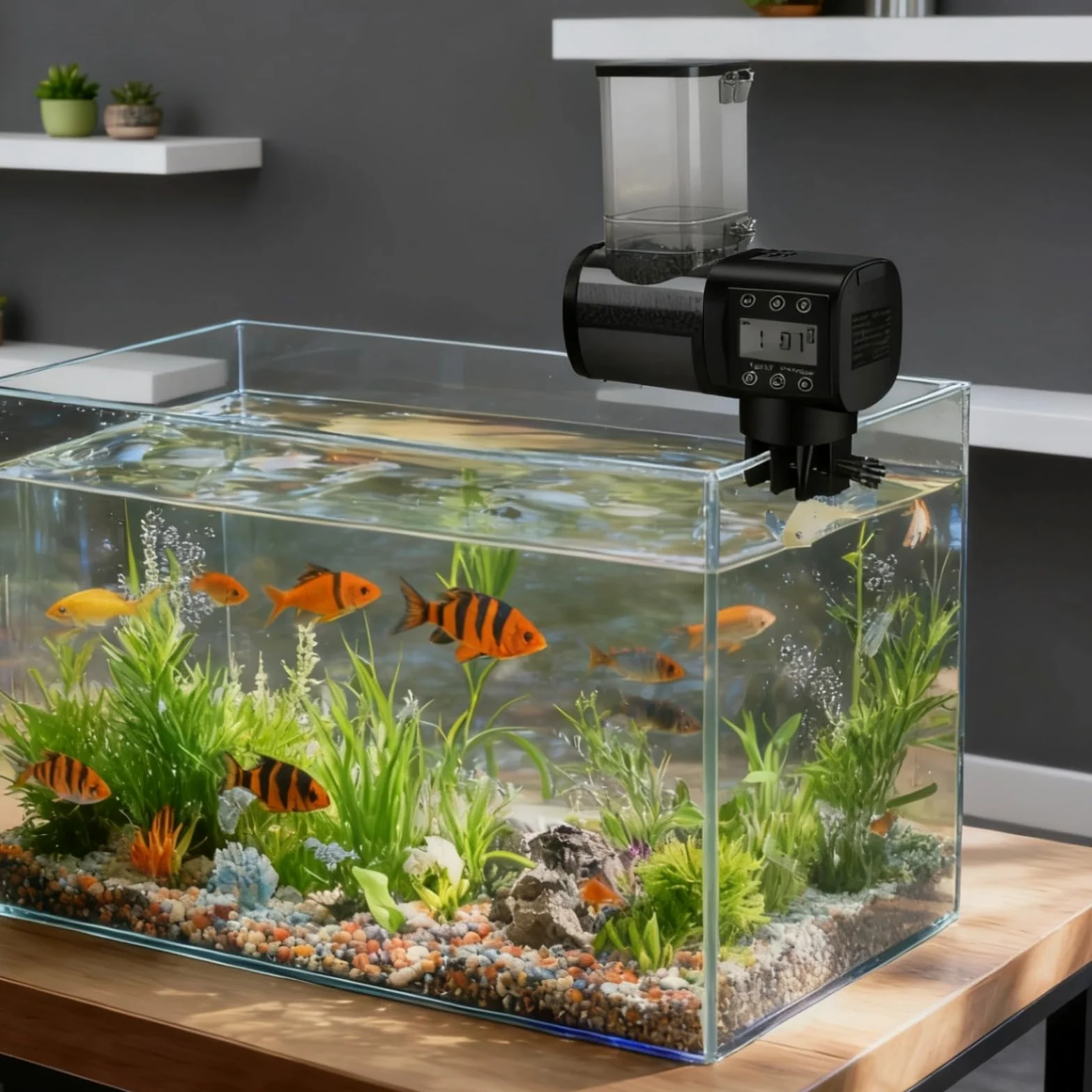 Distributore automatico per pesci per acquario, 250 ml, erogatore automatico con alimentazione a tempo regolabile, doppio supporto, indicatore visivo, batterie incluse, per pellet fino a 3 mm