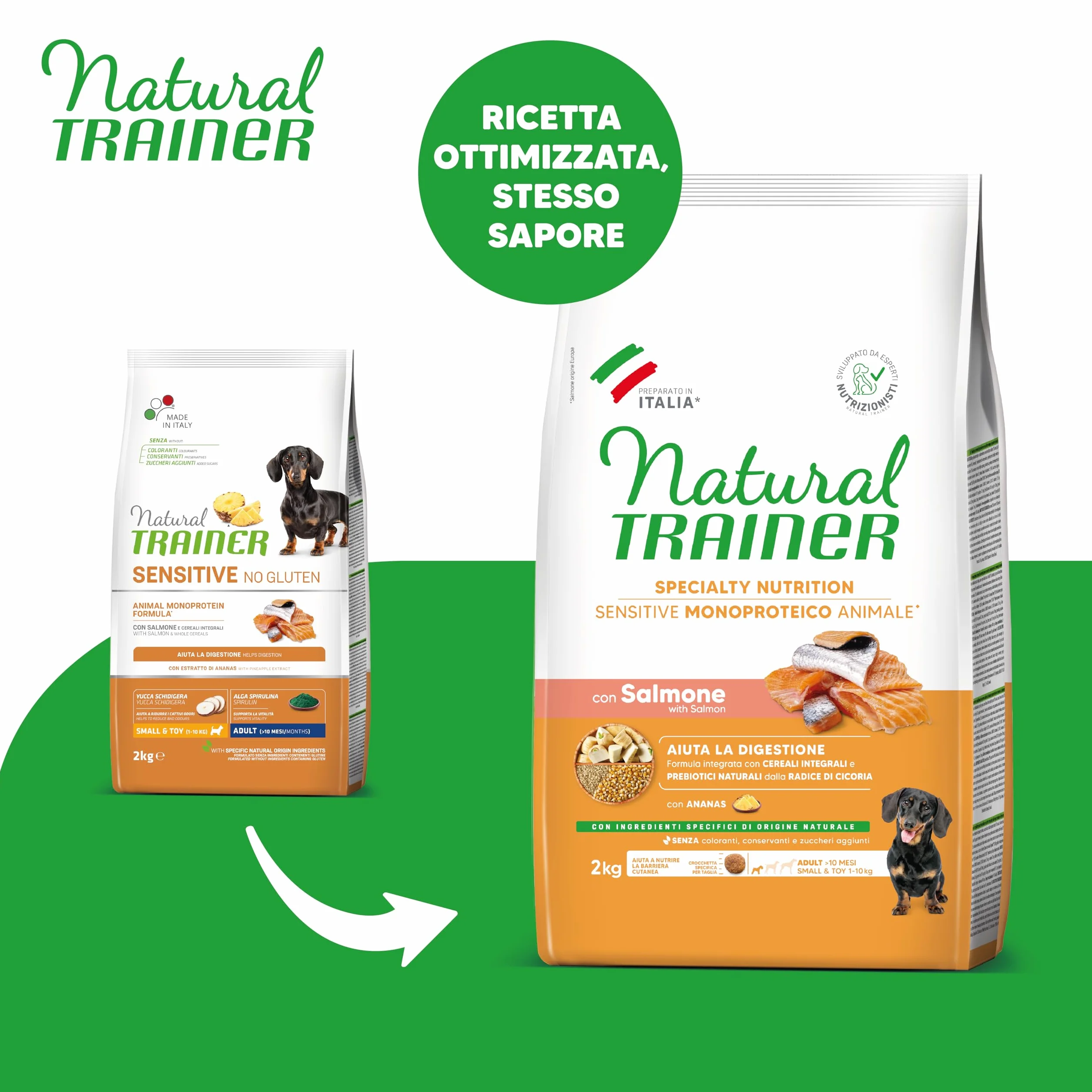 Natural Trainer Sensitive No Gluten Cibo per Cani Puppy&Junior con Salmone 2kg