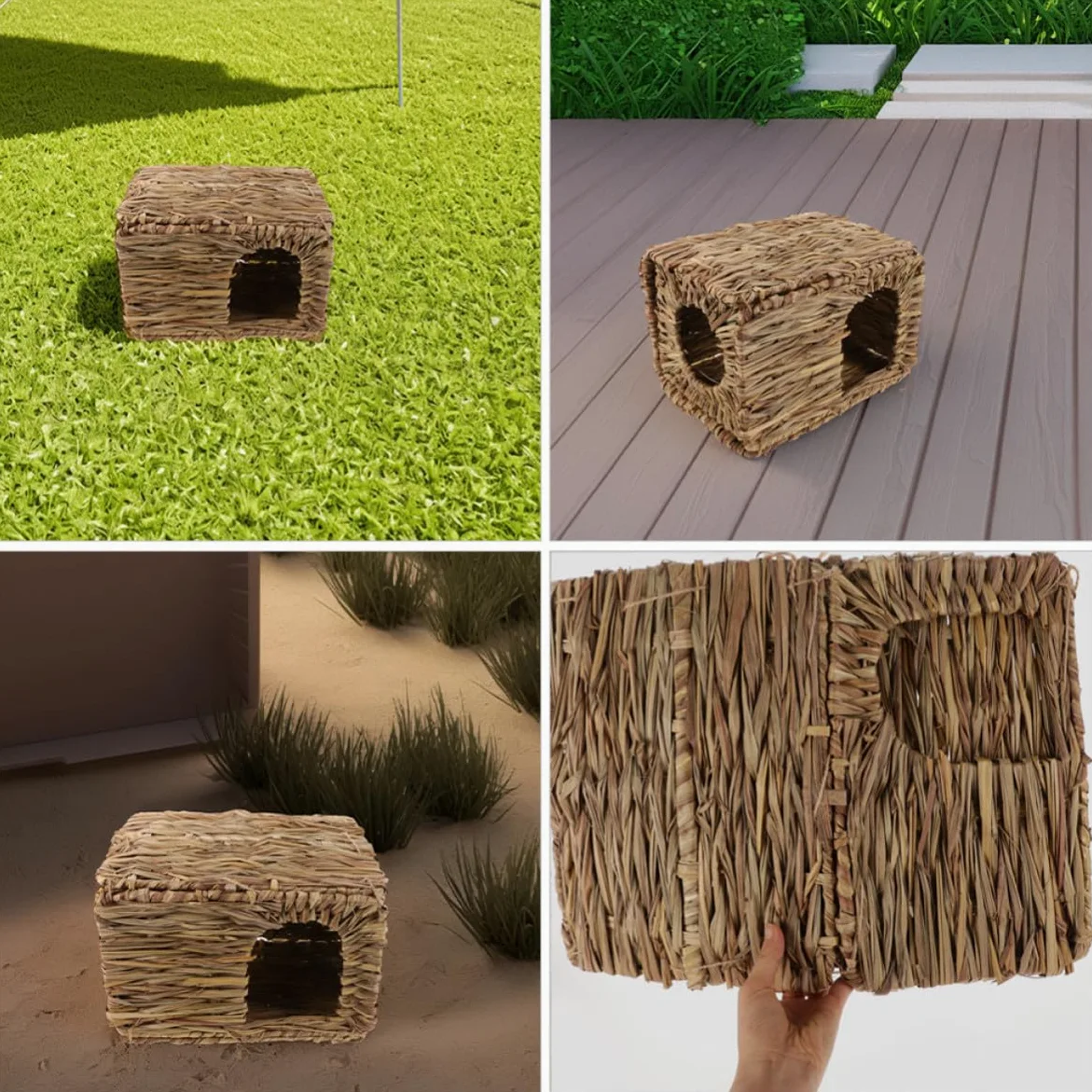 Casa per Conigli Rifugio in Intrecciata 2 Pezzi Pieghevole Resistente e Portatile per Piccoli Animali da Interno ed Esterno