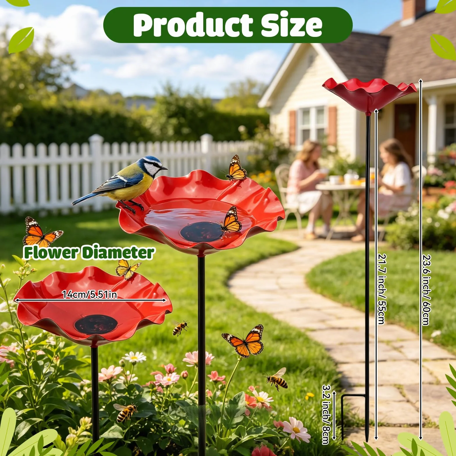 Paletto da Giardino in Metallo per Uccelli, Abbeveratoio a Forma di Fiore per Api – Bagno per Uccelli su Palo con Vasca – Decorazione da Giardino in Metallo Rosso – Altezza 65 cm