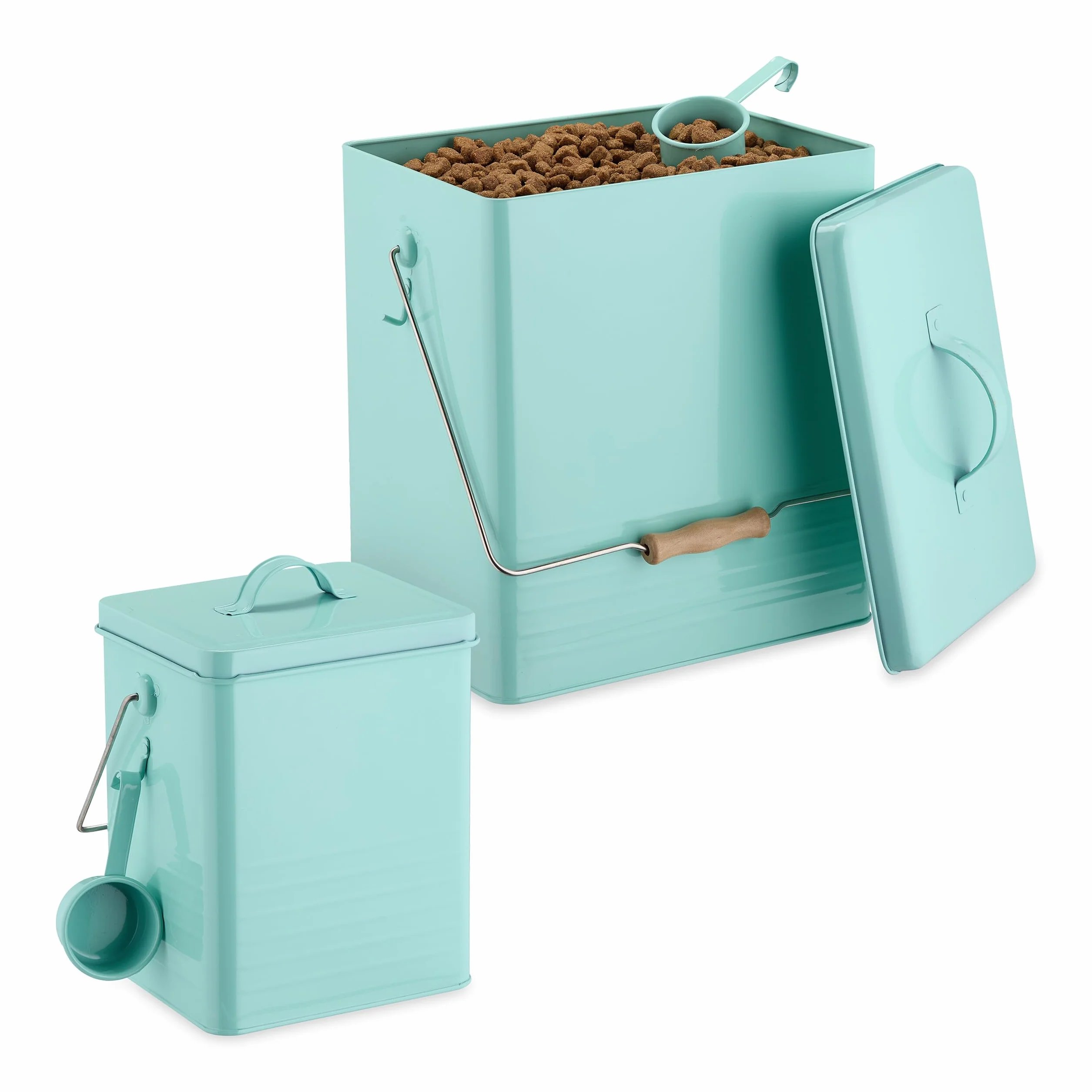 Relaxdays Scatola per Crocchette Cane, Set 2 Contenitori Cibo per Gatti, 5,5L e 16L, Porta Mangime con Paletta, Turchese