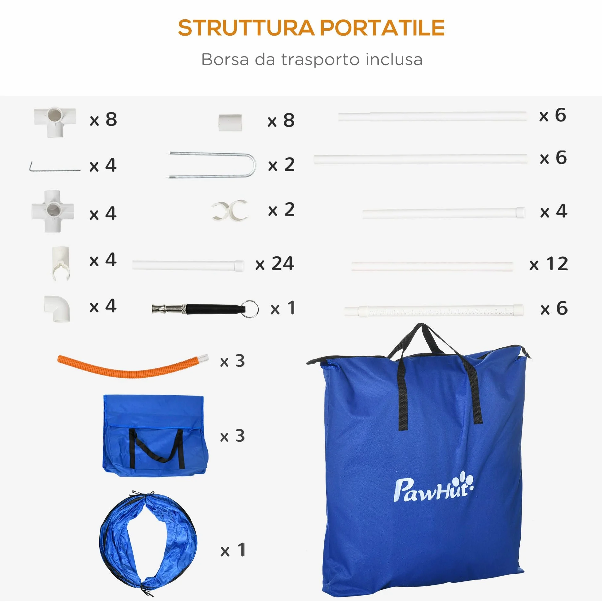 PawHut Set Agilty Dog 7 Pezzi con Fischietto, 2 Picchetti e 3 Sacchi di Sabbia, Percorso Agility Dog in Plastica e ABS con Borsa da Trasporto, 67x63x93 cm, Bianco Arancione Blu