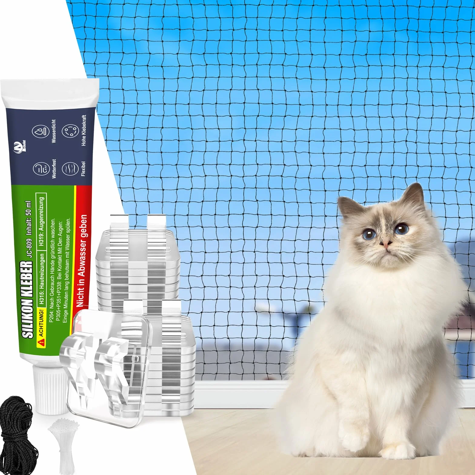Aystkniet Rete per Gatti Senza Forature, Extra Rinforzato Rete Gatti Balcone con Ganci Adesivi e Colla Siliconica, Rete Balcone per Gatti, Rete per Gatti Balcone (3 x 2 M)
