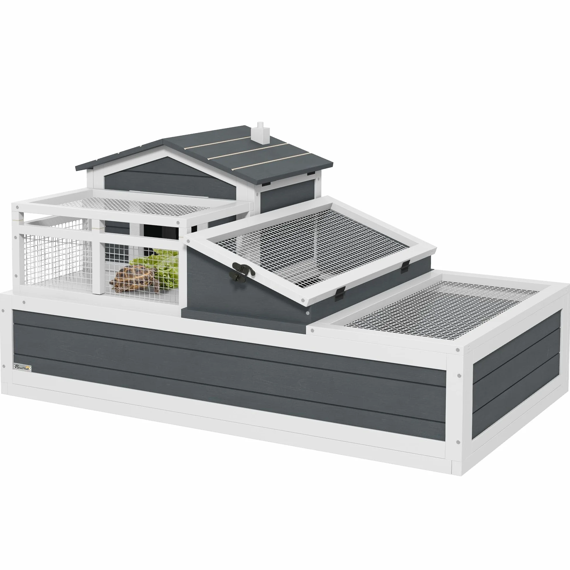 PawHut Casetta per tartarughe in legno con 2 livelli, case principali, balcone, gabbia per rettili da esterno con tetto apribile, terrario per tartarughe, rettili, grigio