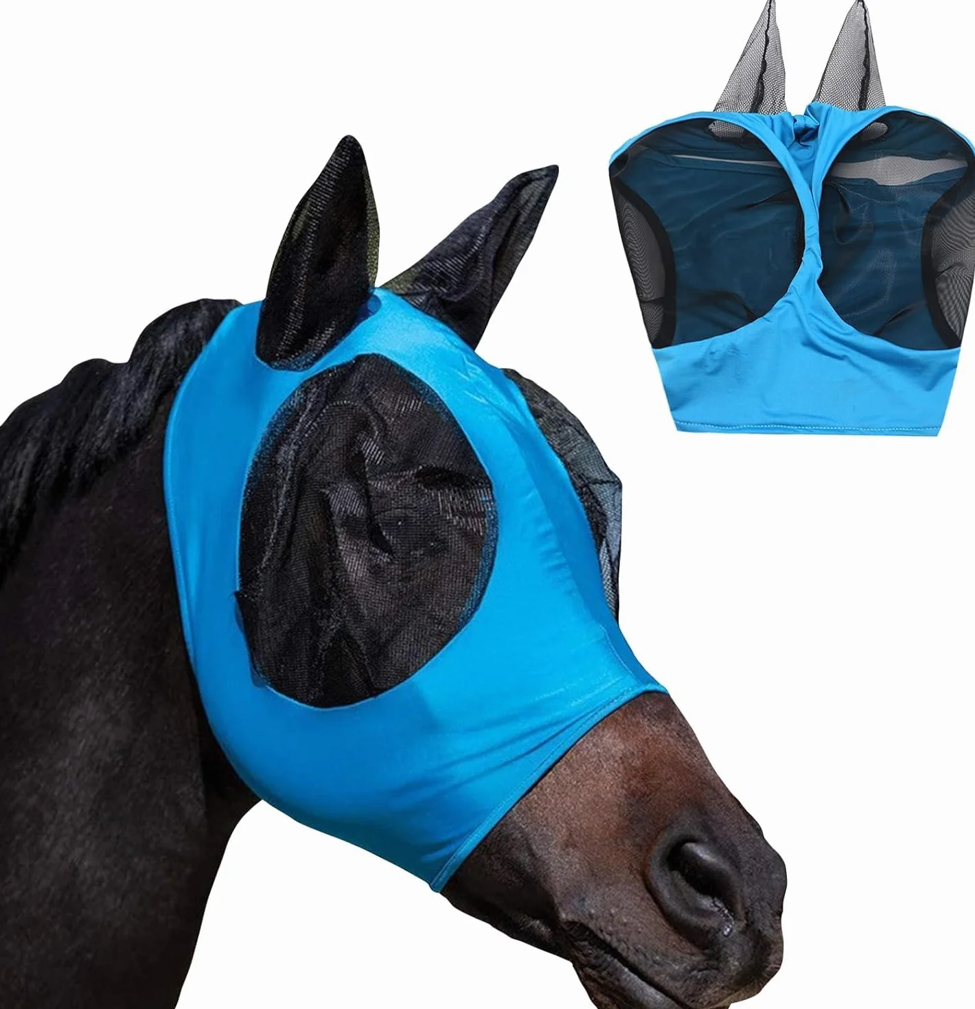 Maschera da Mosche Blu con Orecchie per Cavalli, Rete Traspirante Protezione UV