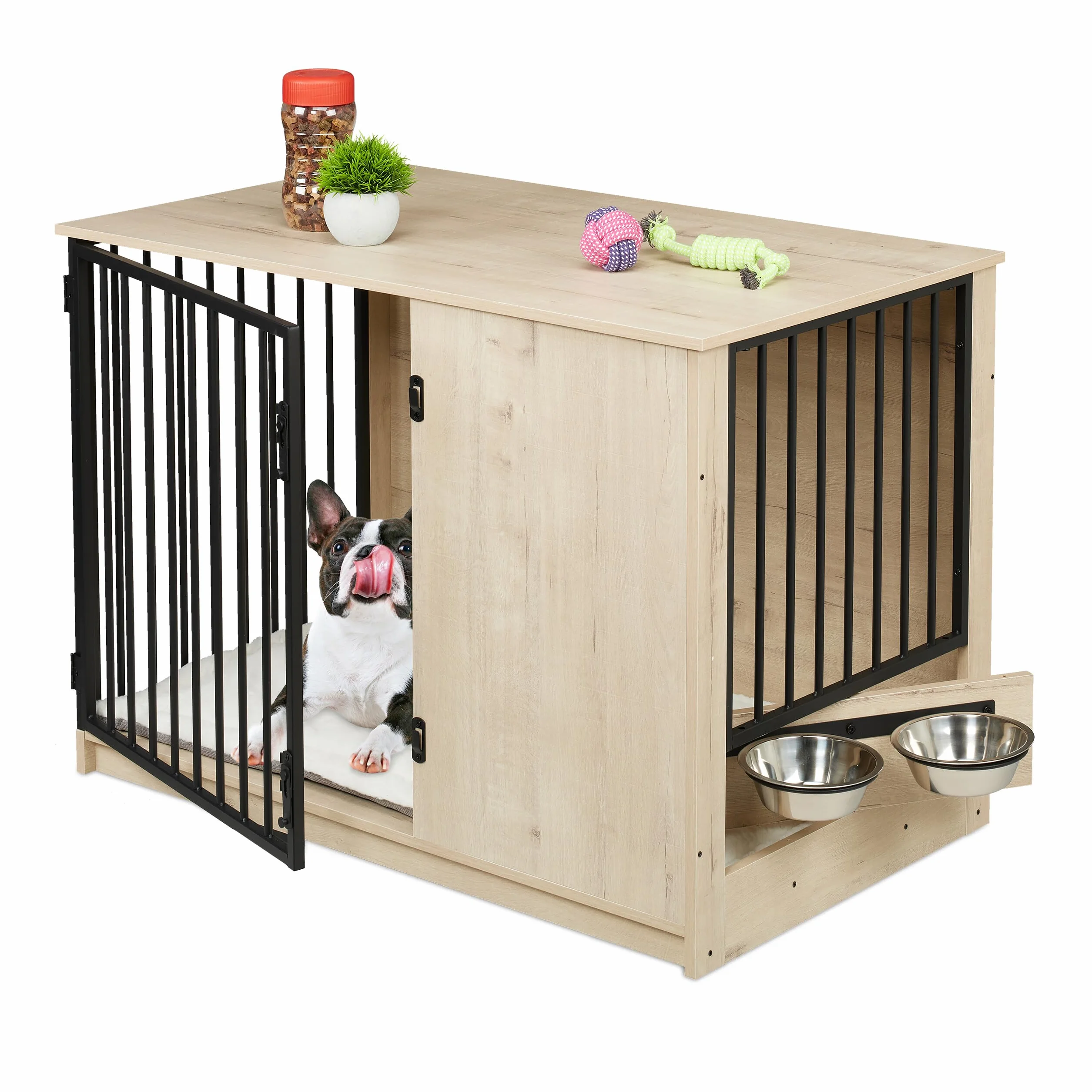 Relaxdays Gabbia per Cani Mobile con Kennel Integrato 65,5x102x60 cm Acciaio e MDF Grigio Nero 2 Ciotole