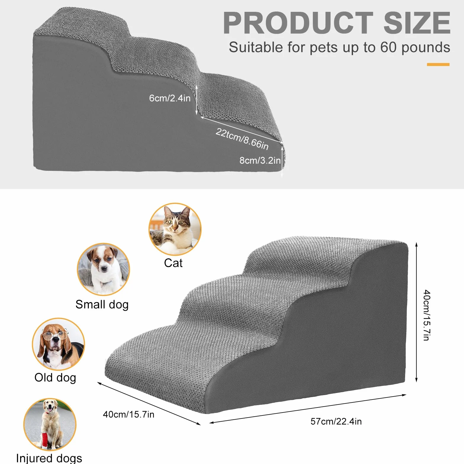 Lannvan Scaletta per Cani 3 Gradini, Rampa con Copertura Rimovibile Lavabile, per Cani e Gatti di Piccola Taglia, Regala Rullo Togli Peli Animali, Grigio
