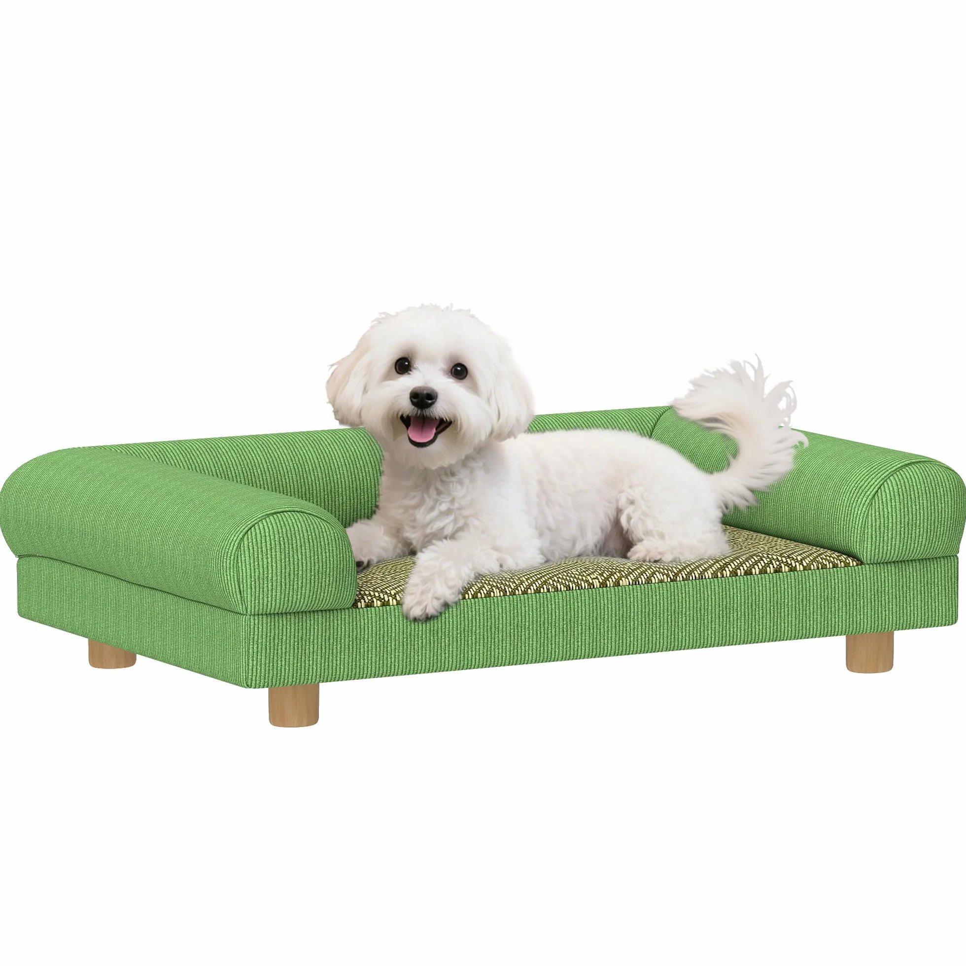 PawHut Divano per cani gatto Letto rialzato per cani con seduta in moquette fresca, braccioli e piedi, in morbido velluto, per animali domestici fino a 5 kg, 63 x 41 x 17 cm, verde