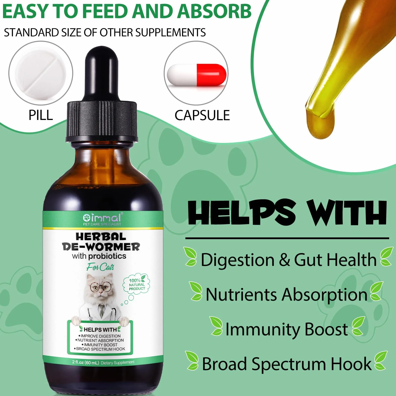 Trattamento per vermi per gatti – 60 ml gocce per vermi di gatto – Vermi di erbe con Probitici – Migliorare la digestione, la spinta immunitaria – Antiparassiti – Vermi a banda larga – Sicuro