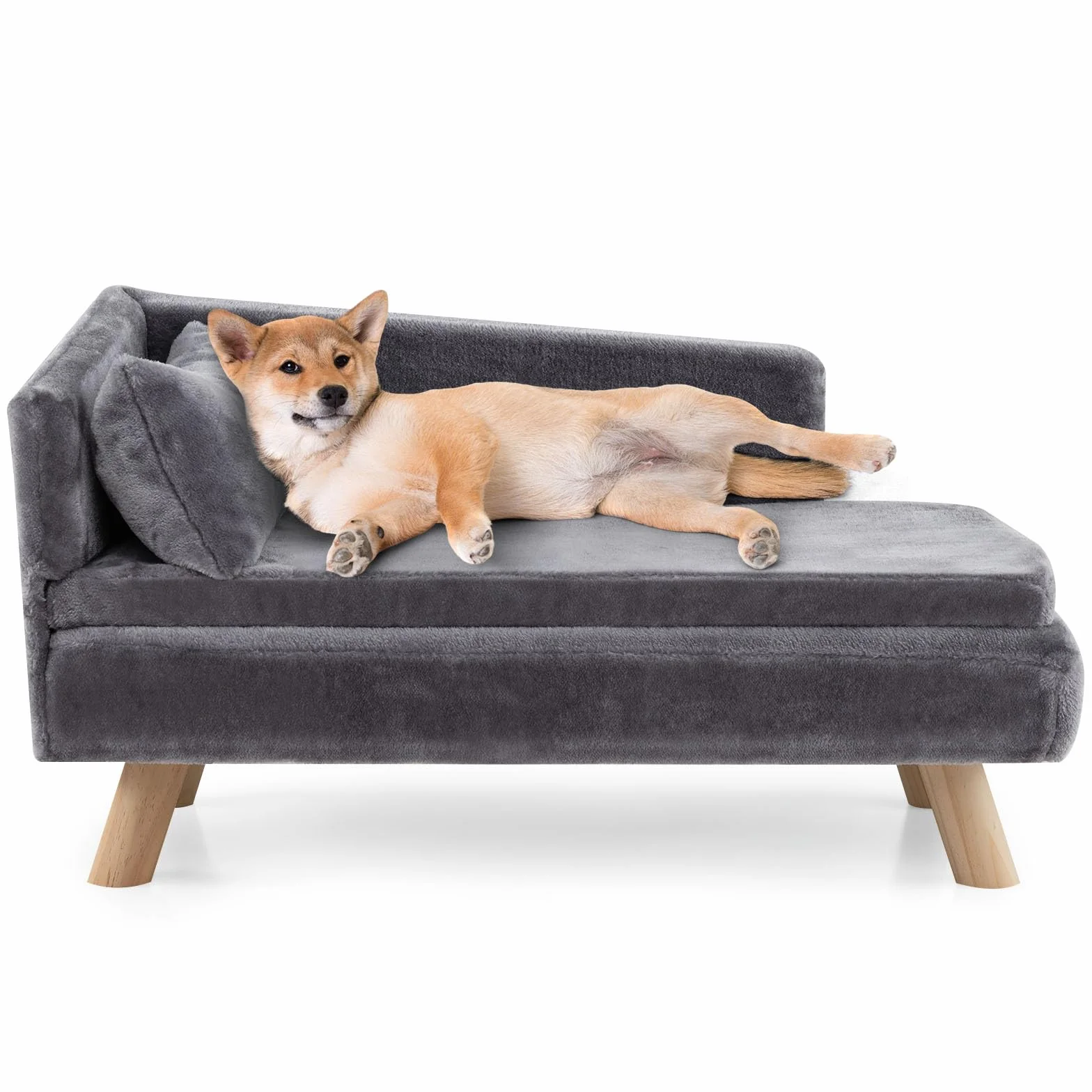 COSTWAY Cuccia per Cani da Interno di Taglia Grande, Divano per Cani Imbottito con Cuscino Rimovibile e Bracciolo, Letto per Animali Rialzato con Gambe in Legno e Schienale, Portata 50 kg (Grigio)