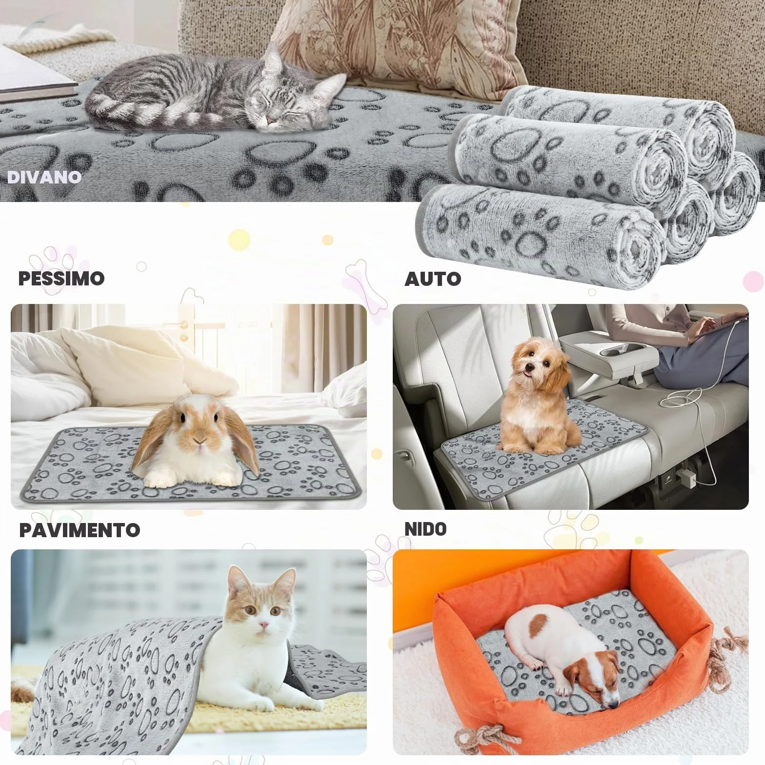 Coperta Per Cani Lavabile Flanella Morbida Calda 60×40cm Grigio Impronte Zampe