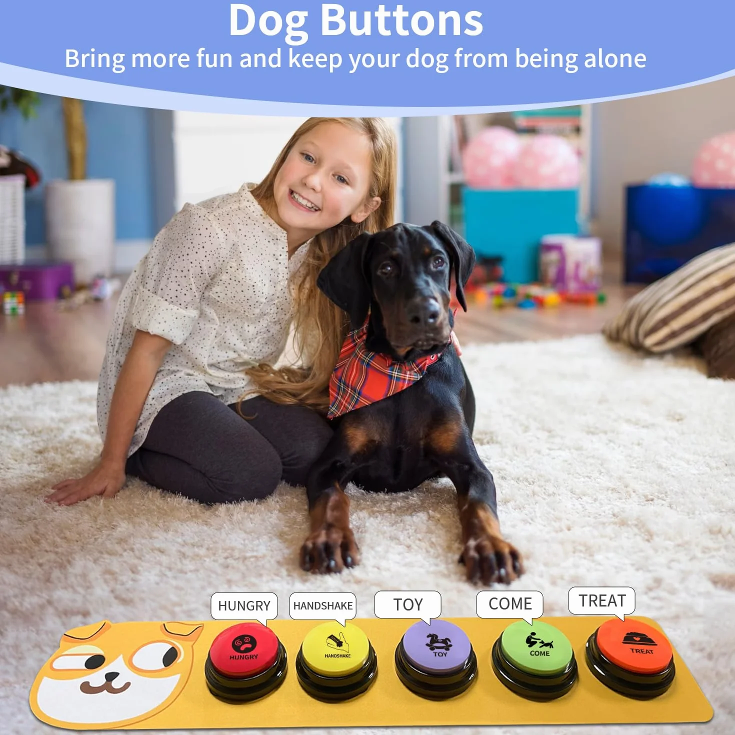 Set 5 Pulsanti per la Comunicazione con i Cani, Pulsanti Registrabili 30 Secondi con 50 Adesivi per Scenari e Tappetino Antiscivolo per Addestramento Domestico, Dispositivo per Addestramento