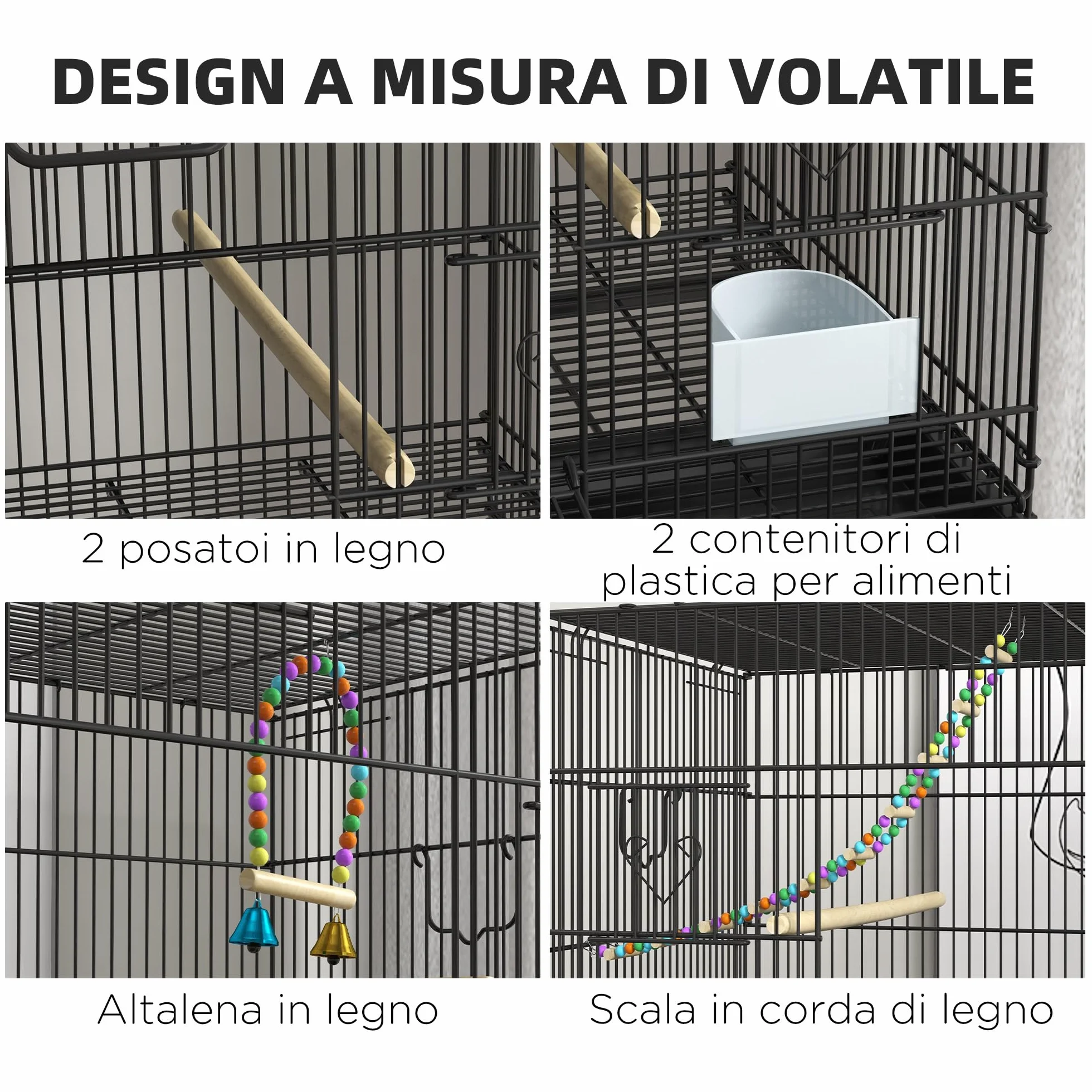 PawHut Gabbia per Uccelli in Acciaio e PP, Design Impilato con Posatoi, Altalene e Scalette, 77x46x164 cm, Nero