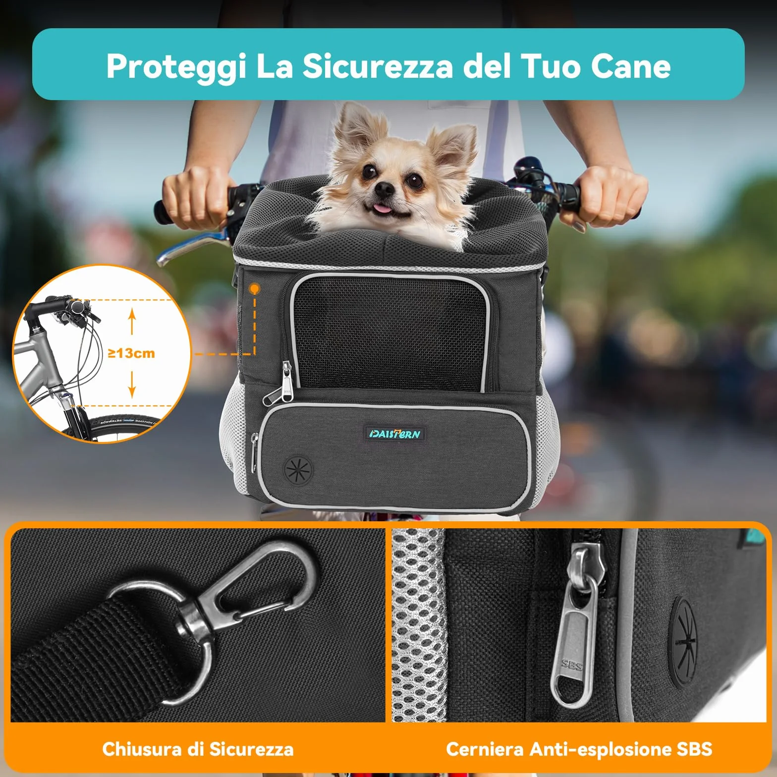 DAISTERN di BSWAY Cestino Anteriore Bici per Cani fino a 4KG, Cesta Cani Bicicletta con Supporto U, 4 in 1 Multifunizioni Zaino Borsa a Spalla Seggiolino Auto con Finestre Rete, Cuscino Impermeabile
