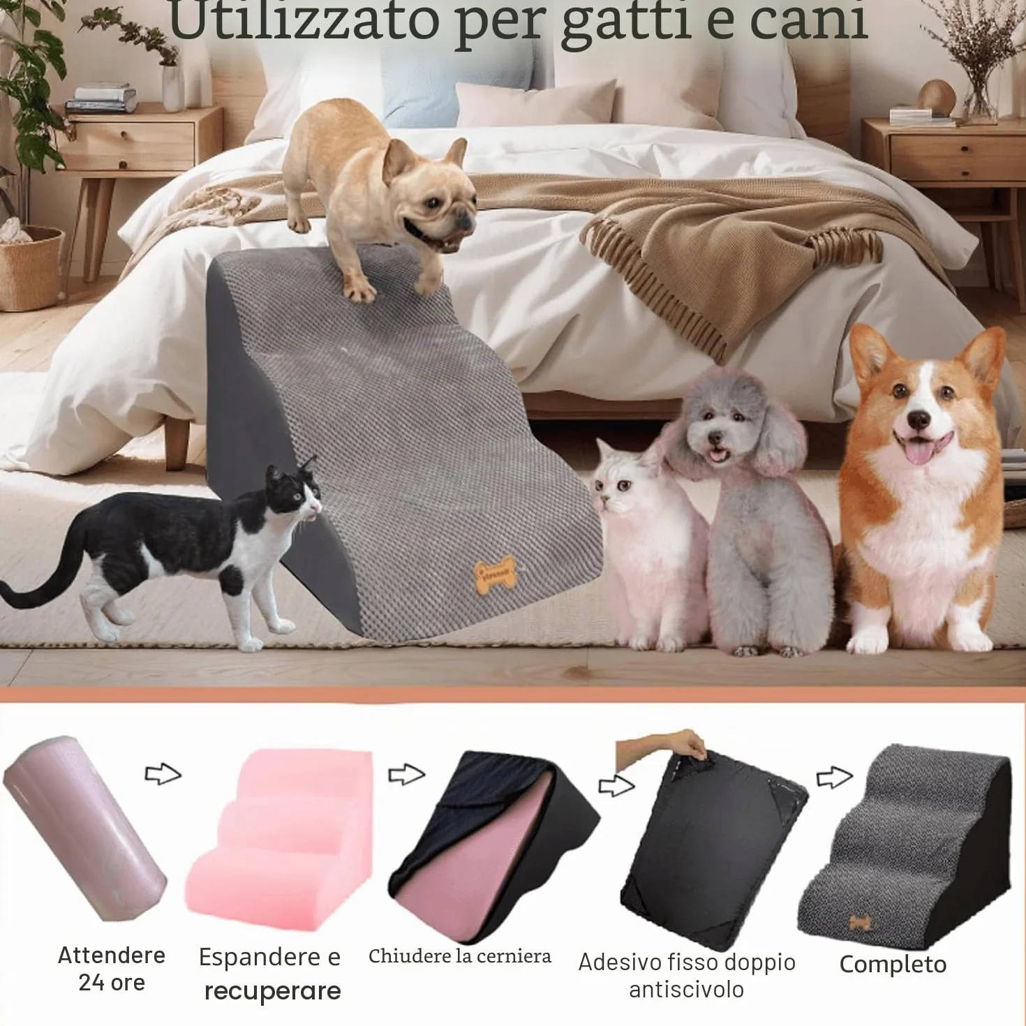 Scala larga per cani di piccola taglia, 3 gradini, in schiuma ad alta densità, rivestimento lavabile e fondo antiscivolo, 32 x 60 x 30 cm