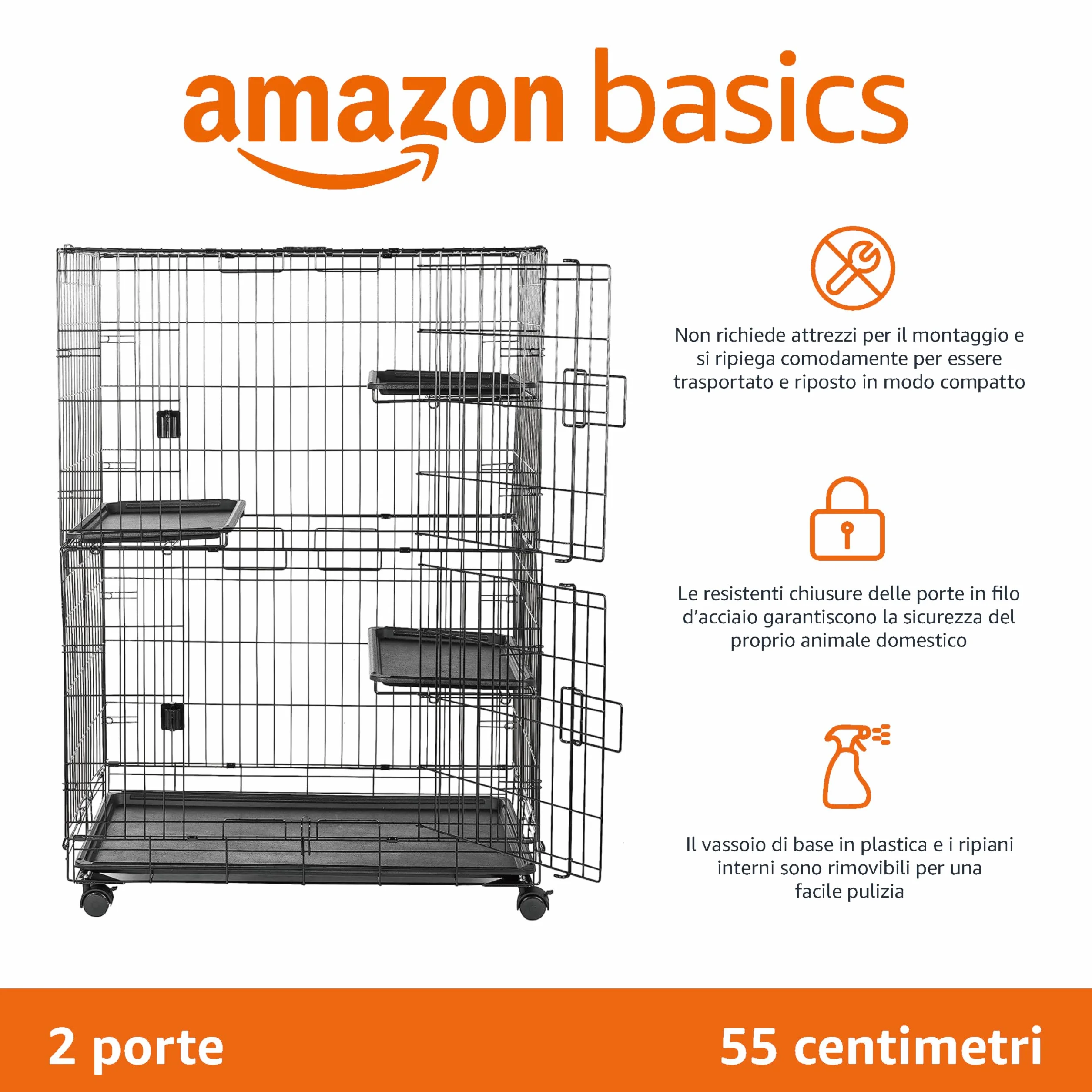 Amazon Basics Gabbia grande per gatti, con 3 ripiani, Pieghevole, Sicuro, Nero, L 91 x P 57 x H 129 cm