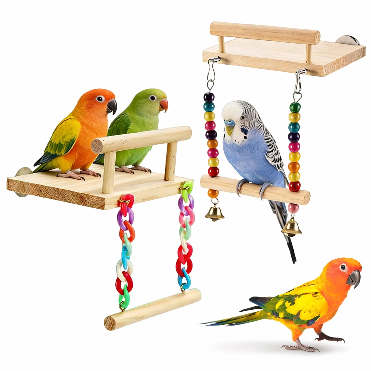 2 Pezzi Posatoio Per Pappagalli,Posatoi Uccelli,Accessori Pappagalli, Altalene In Legno, Fringuelli, Posatoi Parrocchetti (Con Campanelli)