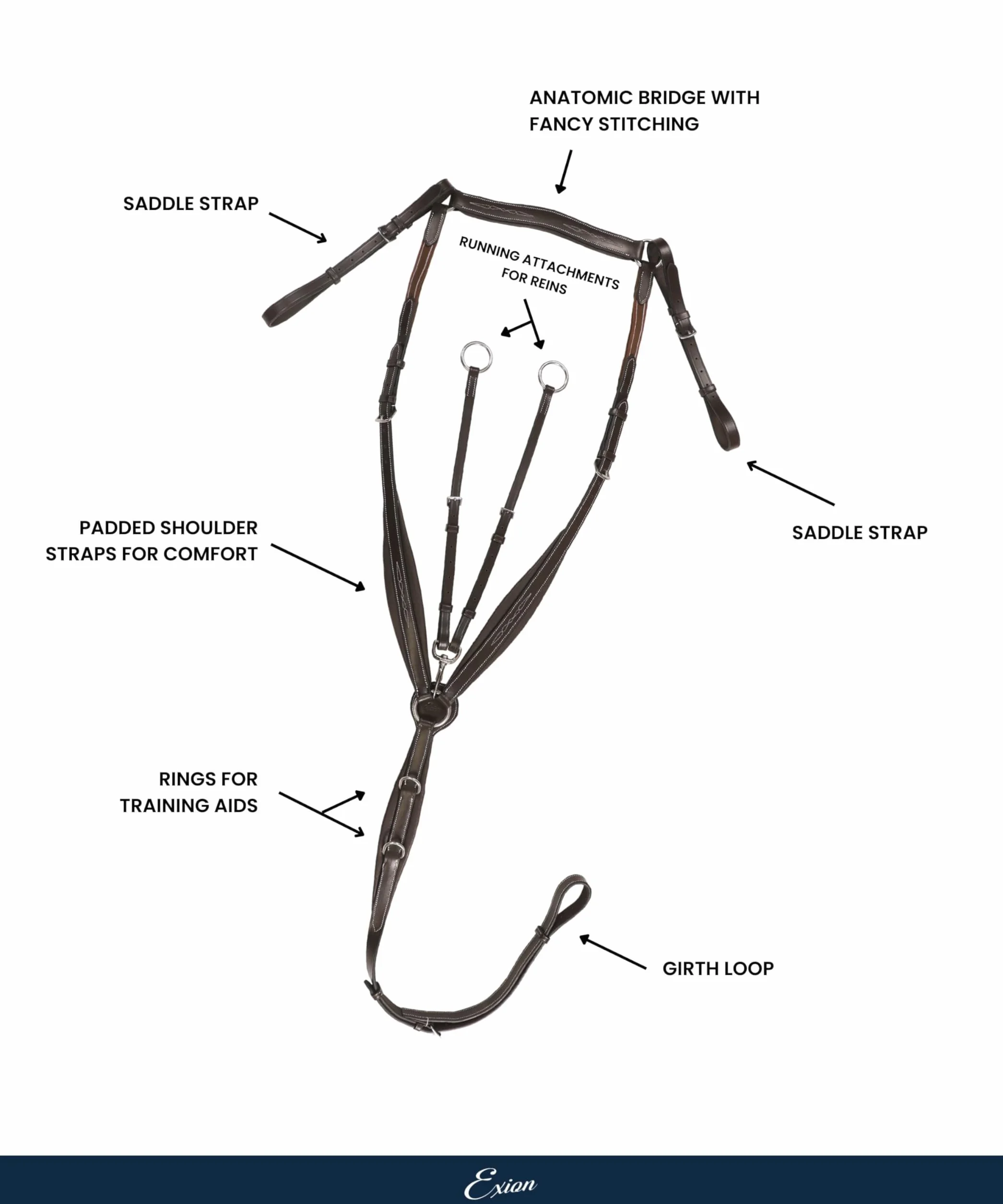 Exion - Pettorale inglese per cavalli, con cuciture morbide foderate, forma anatomica con attacco per corsa, collare inglese in pelle di alta qualità per cavalli