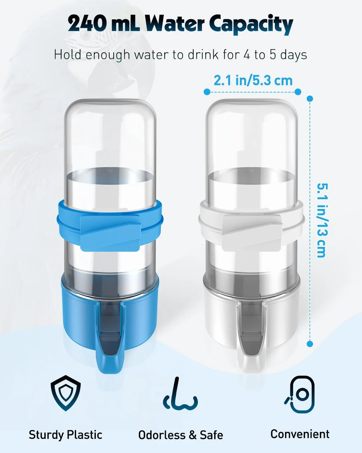 Pawfly 2 Pezzi Dispensatore d'Acqua per Uccelli, Alimentatore Automatico d'Acqua per Uccelli, Accessori per Gabbia per Pappagallo & Criceto, Bevitore d'Acqua per Bianco e Blu per Parrocchetto & Più
