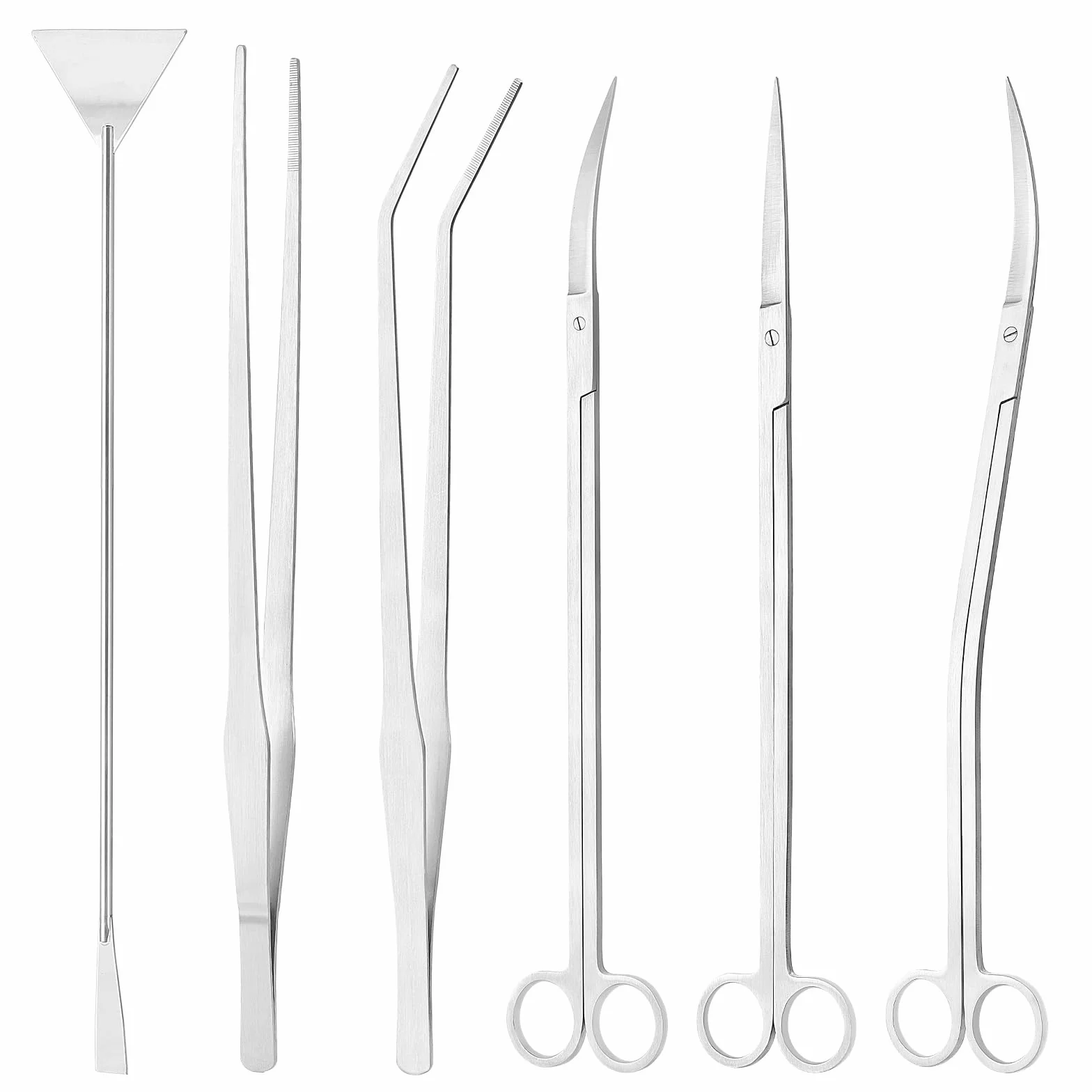 Set di Attrezzi 6 in 1 per Acquario, in Acciaio Inox, Pinzette Lunghe Dritte e Curve, Forbici Dritte, Curve e a S