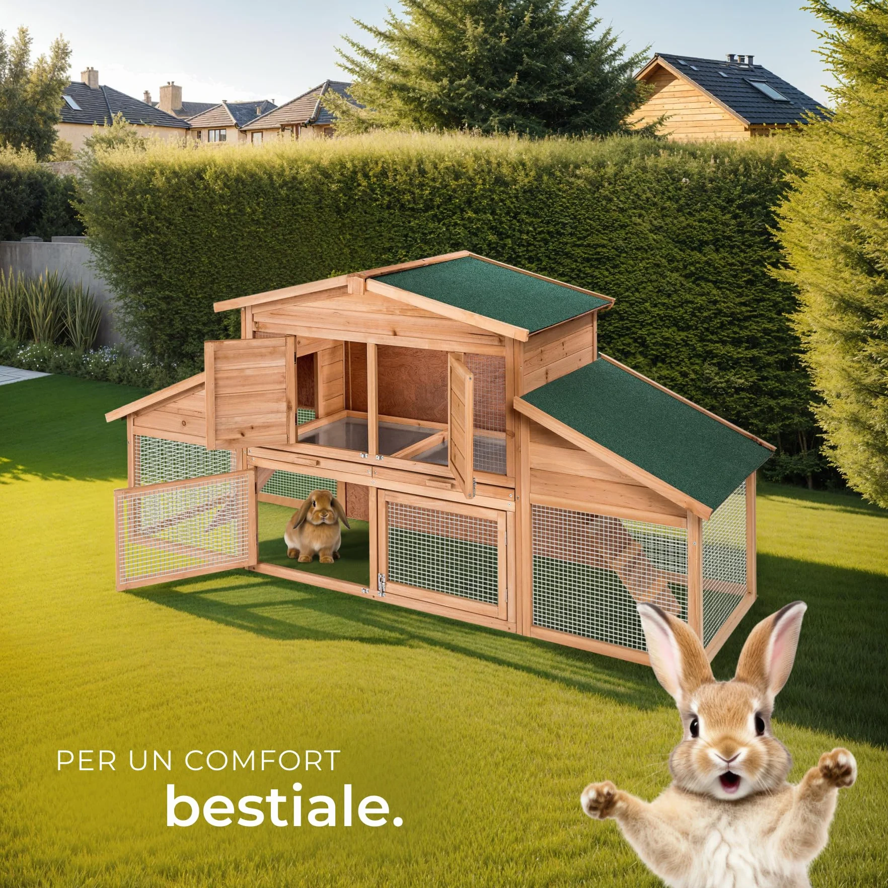 tectake® Conigliera da Esterno, 4 Porte, 2 Piani, 2 Rampe, con Zona Riposo, Tetto Idrorepellente, Recinto Per Conigli, XXL Gabbia Esterno, Casetta, Recinto Piccoli Animali, Legno, 226 x 77 x 95,5 cm