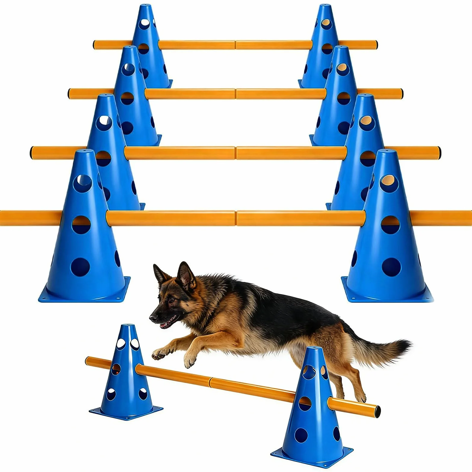 Agility Set Cani Piccoli Cavaletti Cani Set Agility Accessori per Addestramento Cani Cavalli, Set di ostacoli per Cani, Set di 10 Coni, 5 Barre per Esercizi di Allenamento