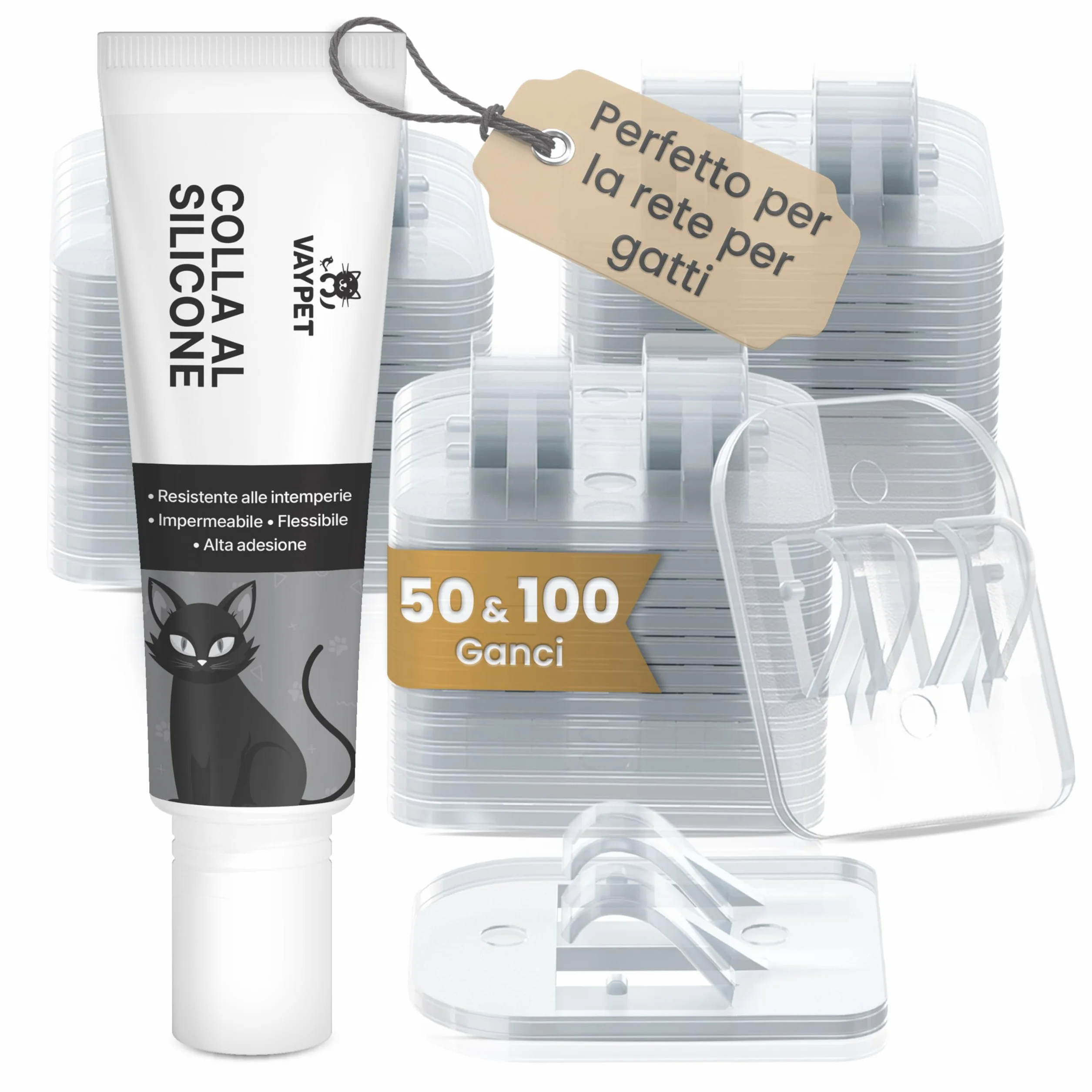 VAYPET® 50 Ganci Adesivi per Rete Gatti e Colla siliconica [30ml] - Fissaggio Rete Protezione Gatti Balcone e Finestra Senza Fori | Ferma Rete e aggancio rapido | Ideale per Esterno e Cemento