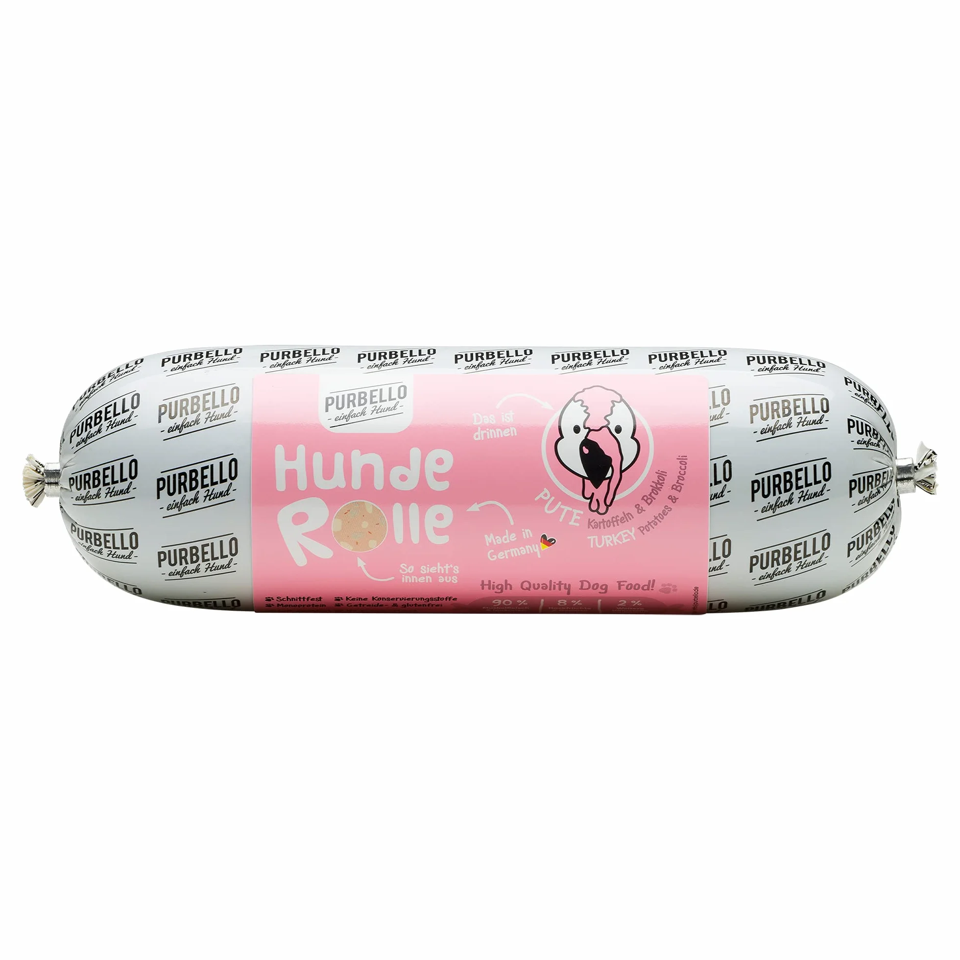 PURBELLO Rotolo di Tacchino con Broccoli e Patate, monoproteina, ad Alta Percentuale di Carne, per Cani, Resistente al Taglio e Senza Cereali, 8 x 800 g