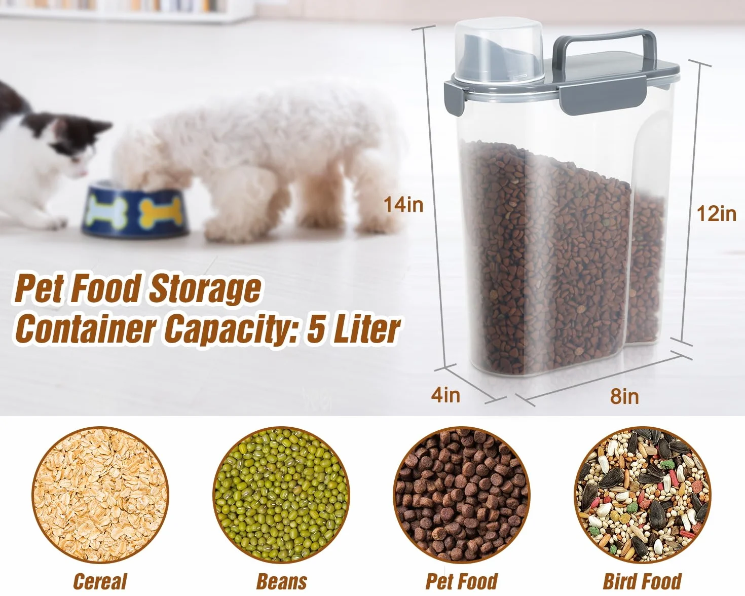 TBMax Contenitore per Alimenti per Gatti Con Coperchio, Portatile per Animali Domestici, Con Beccuccio Grande e Misurino, Ermetico