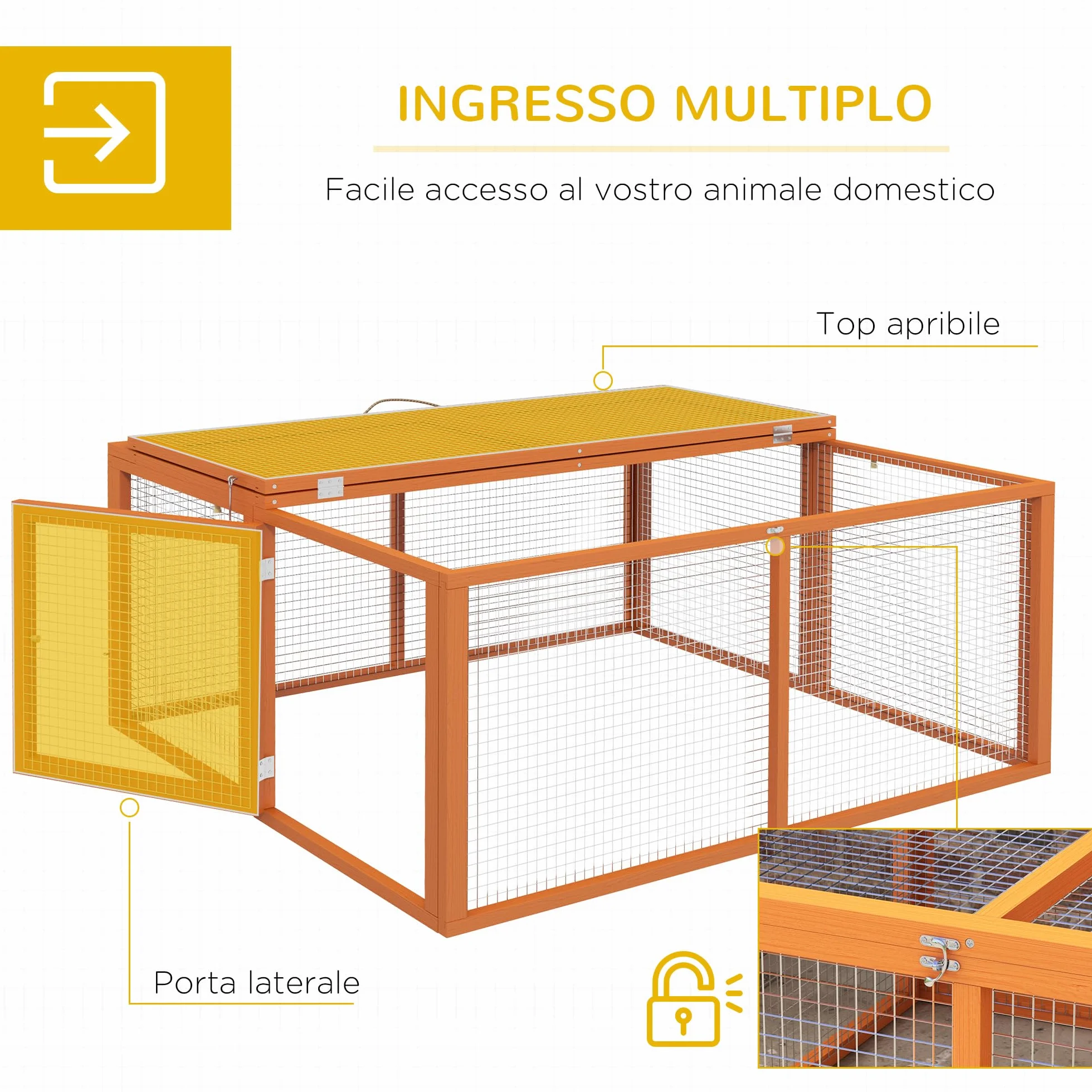 PawHut Conigliera Pieghevole per 2-3 Roditori con Ingressi Multipli, Gabbia per Conigli in Legno e Acciaio, 110x105x50 cm, Arancione