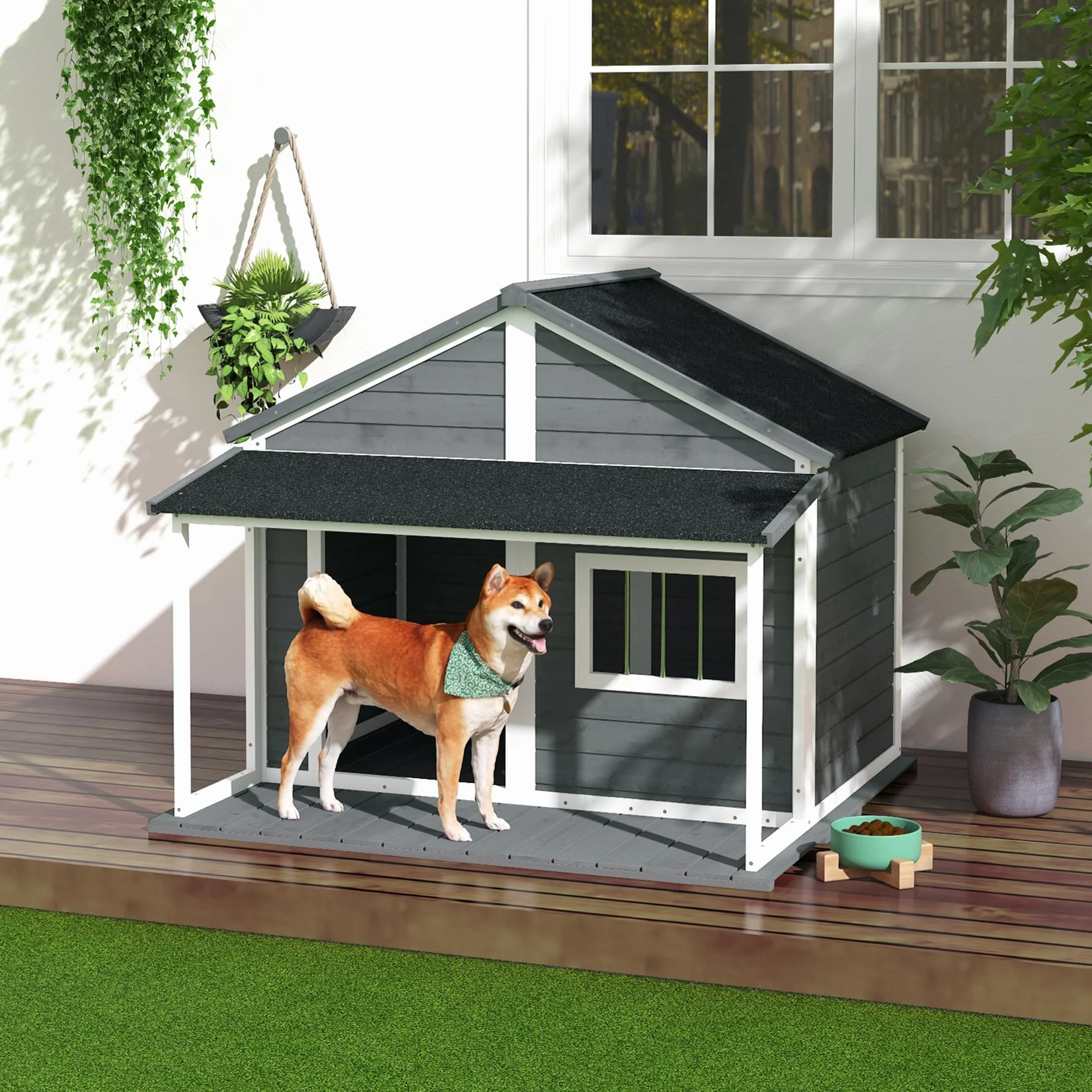 PawHut Cuccia per Cani da Esterno con Tetto in Bitume Impermeabile, Casetta per Cani in Legno Massello con Finestra e Terrazza, 124x112x105cm, Grigio