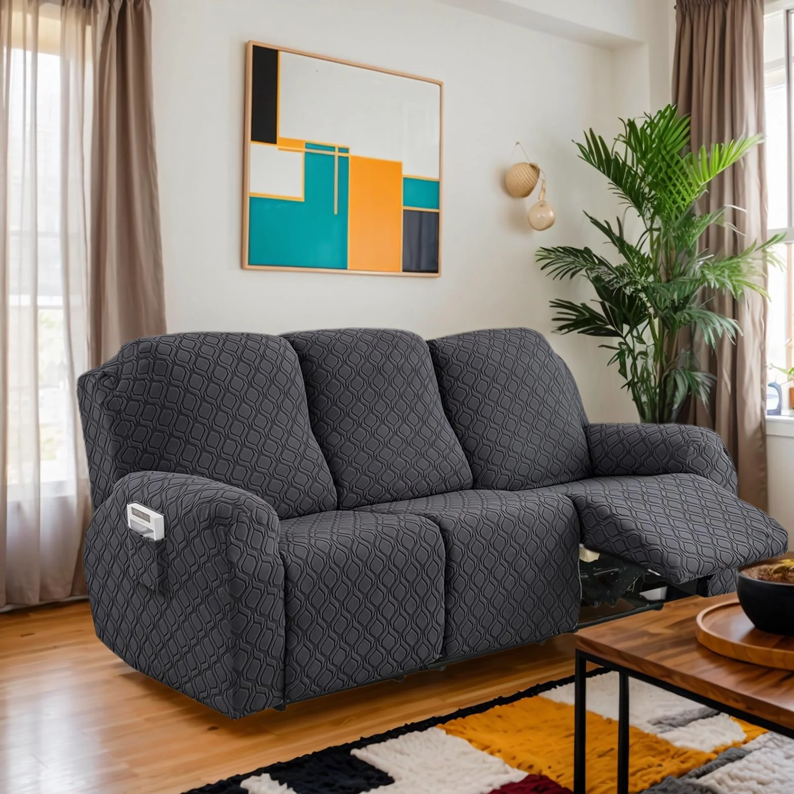 OKYUK Fodera per Poltrona Relax 3 Posti, Alta Elasticità e Antimacchia, Protezione da Animali e Bambini, Copertura Antiscivolo con Tasche, Estraibile e Lavabile (grigio scuro, 3 posti)